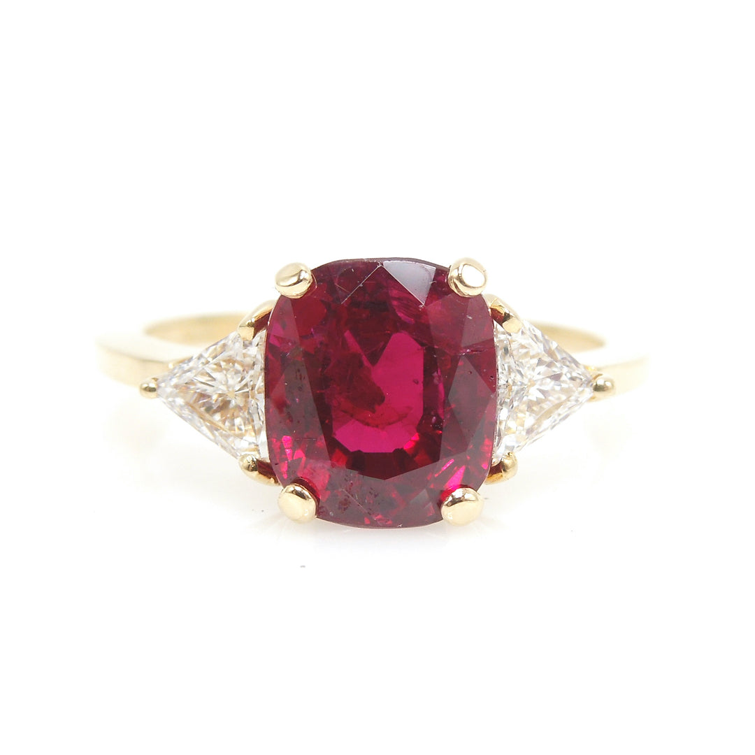 GIA 3.58 Carat Unheated Burmese Ruby in 18K Yellow Gold Mounting with Triangle Diamonds