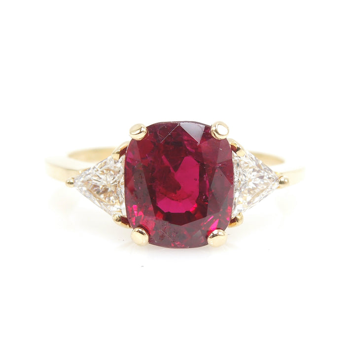 GIA 3.58 Carat Unheated Burmese Ruby in 18K Yellow Gold Mounting with Triangle Diamonds