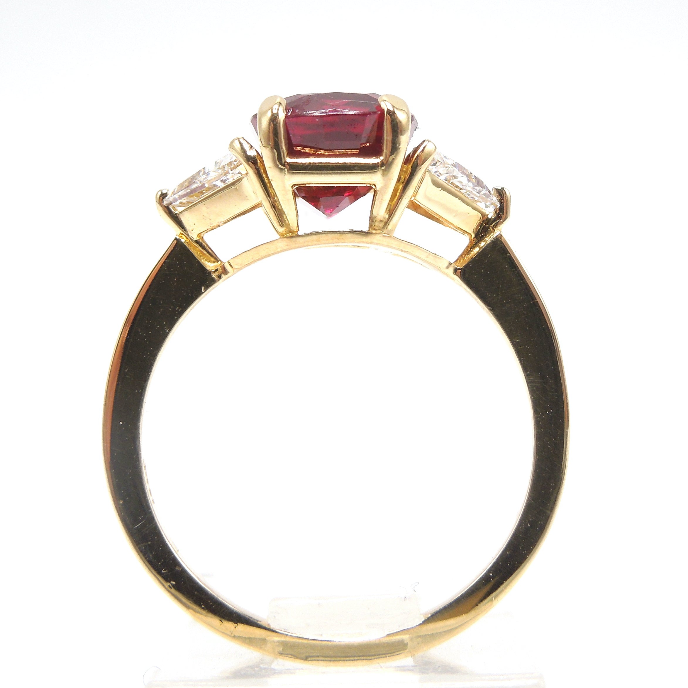 GIA 3.58 Carat Unheated Burmese Ruby in 18K Yellow Gold Mounting with Triangle Diamonds