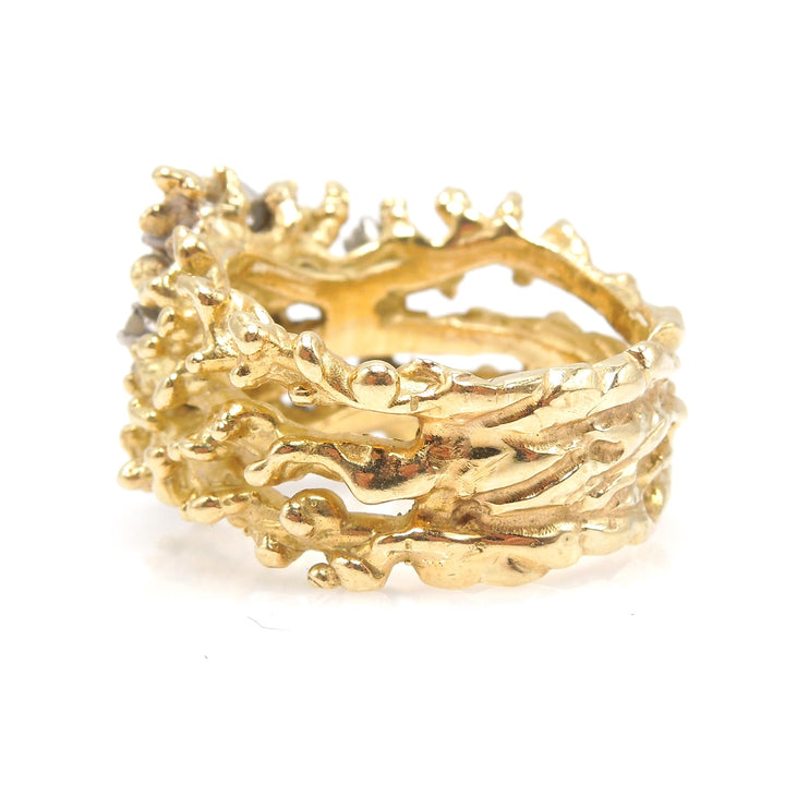 Organic 18K Yellow Gold Wide Coral or Tree Limb Ring with Diamonds