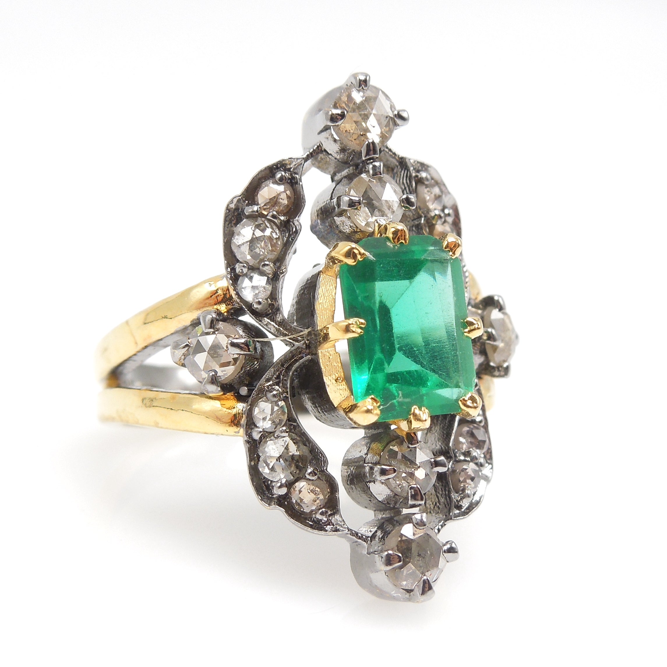 Georgian Style Emerald and Diamond Ring in Silver and Gold Plate