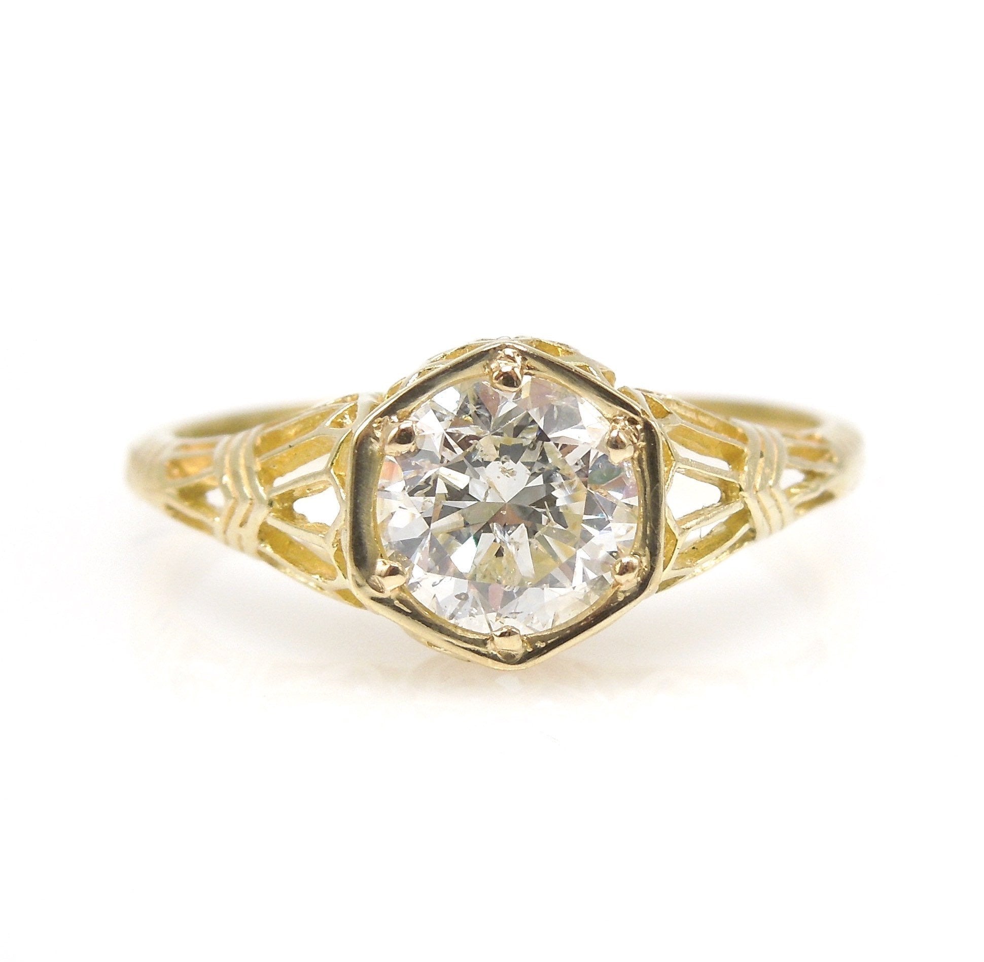 Edwardian Style 18K Yellow Gold Filigree 0.90ct Diamond Engagement Ring - Bead Set with Hexagonal Head