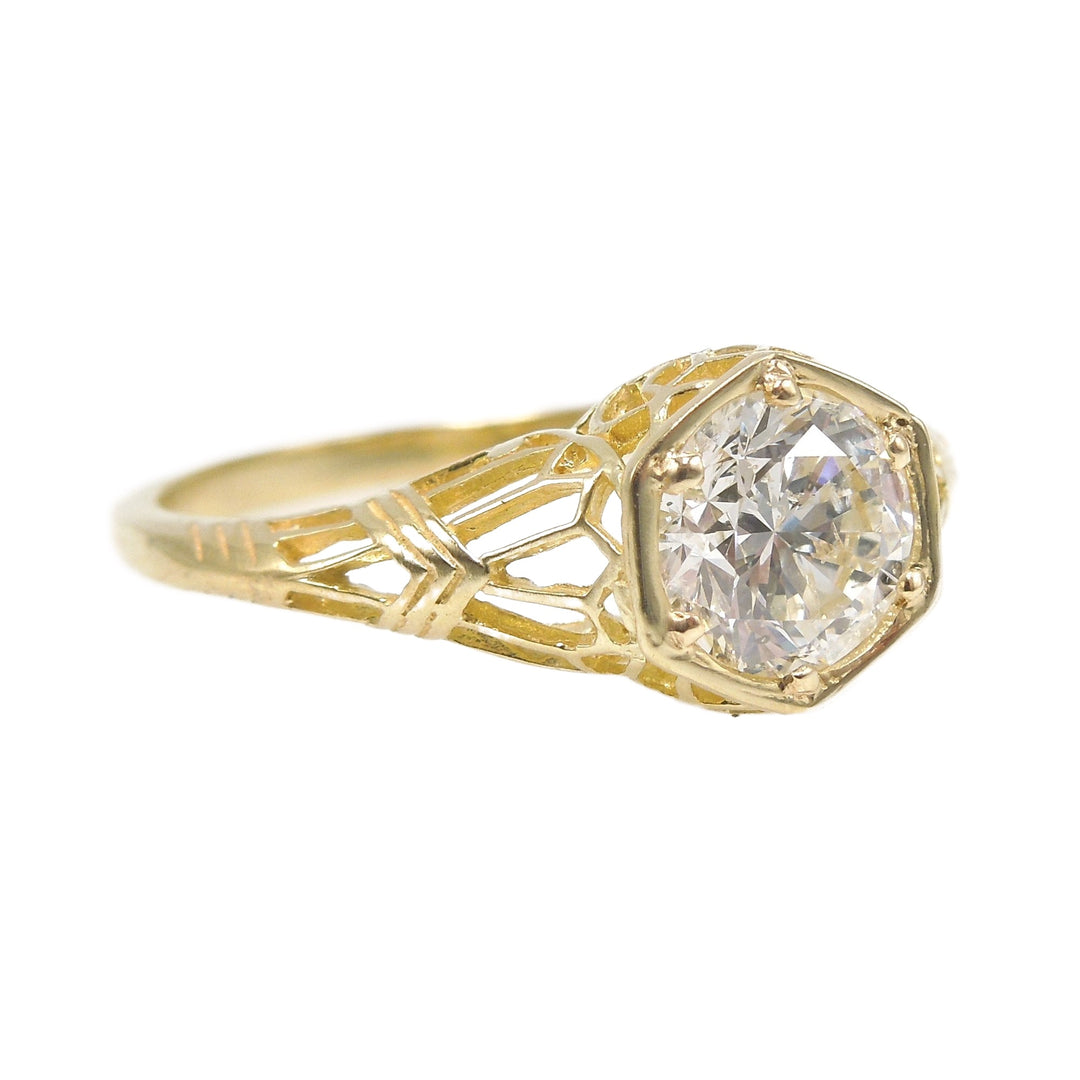 Edwardian Style 18K Yellow Gold Filigree 0.90ct Diamond Engagement Ring - Bead Set with Hexagonal Head