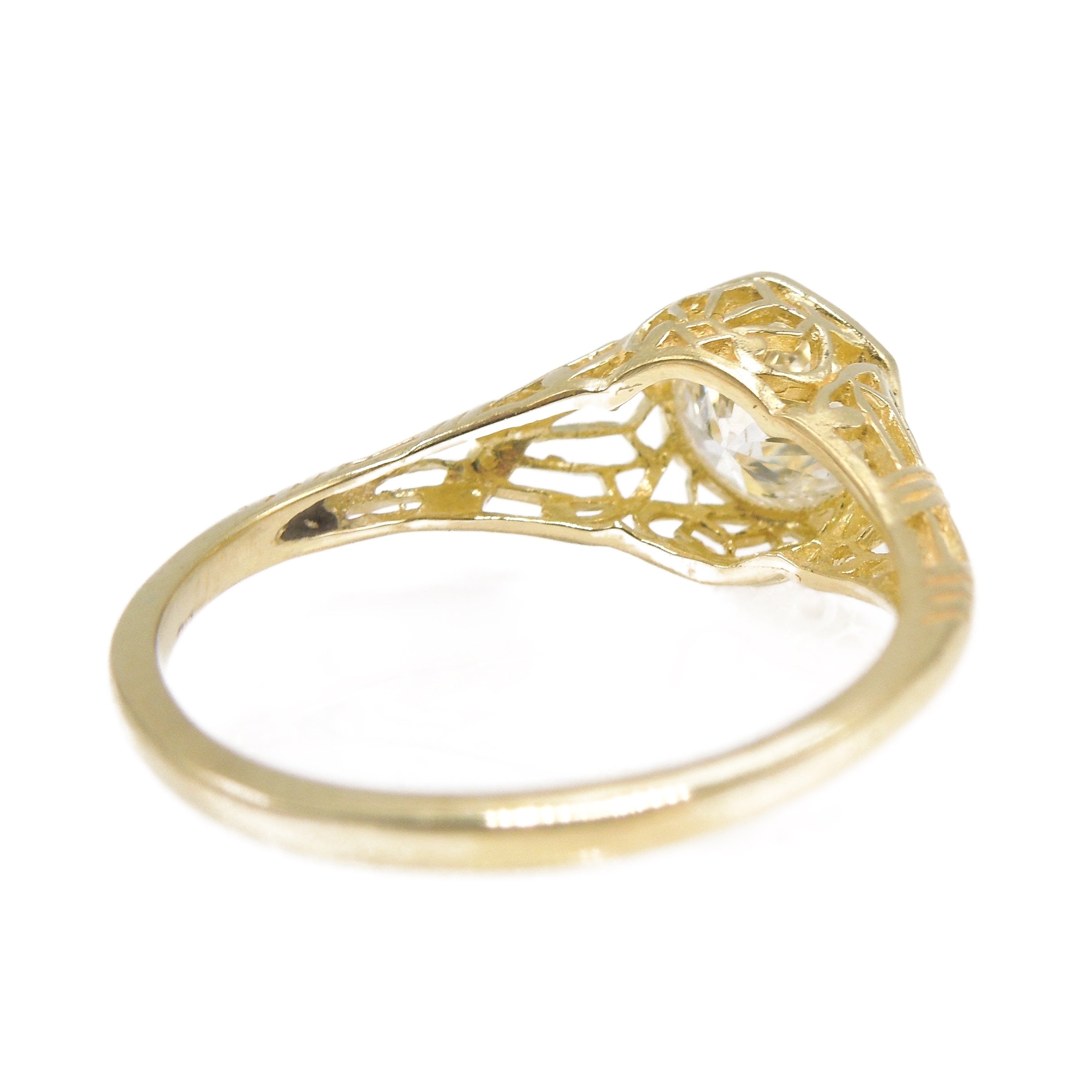 Edwardian Style 18K Yellow Gold Filigree 0.90ct Diamond Engagement Ring - Bead Set with Hexagonal Head