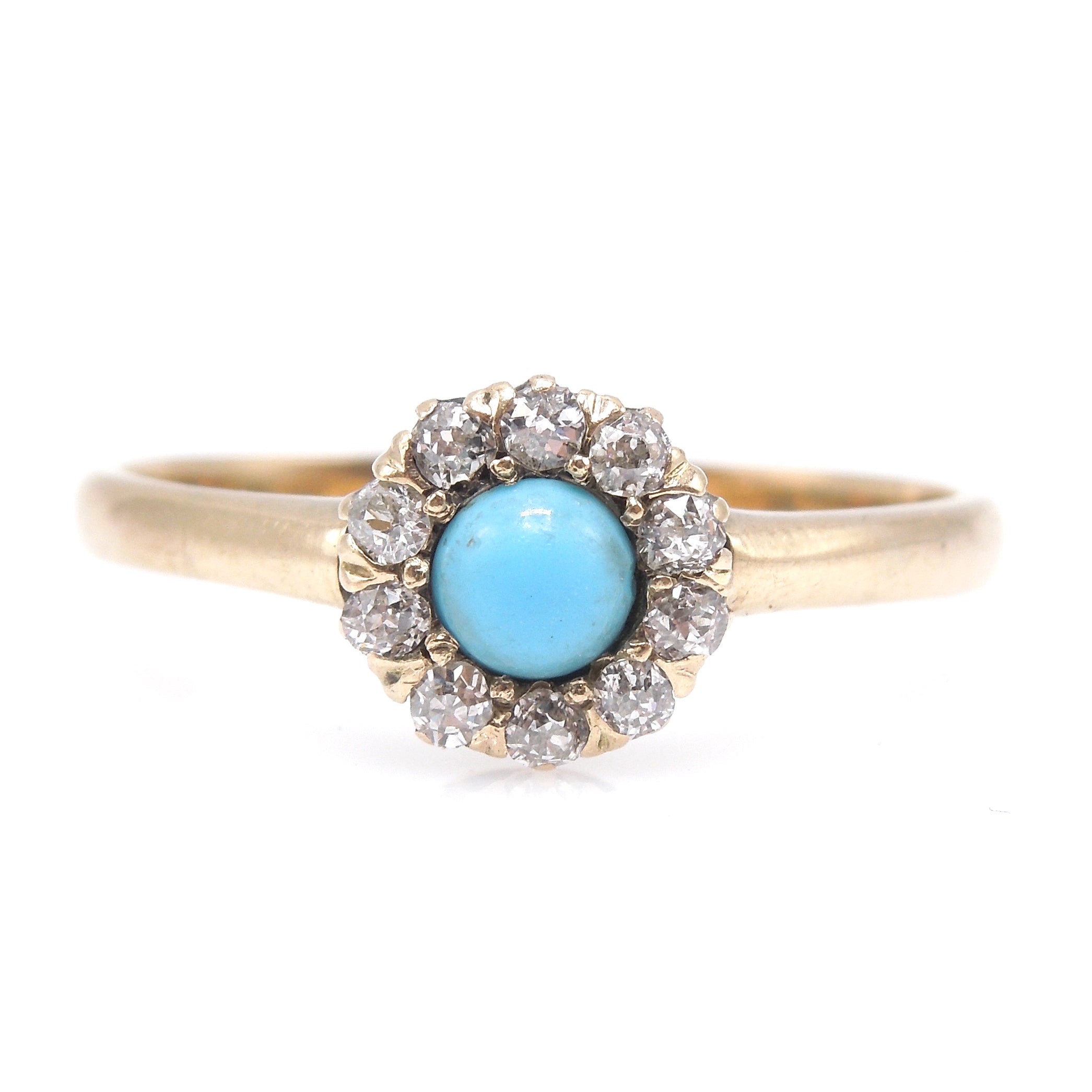 Victorian 10K Yellow Gold Turquoise Colored Stone and Diamond Halo Ring