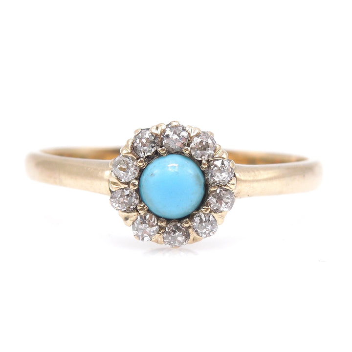 Victorian 10K Yellow Gold Turquoise Colored Stone and Diamond Halo Ring