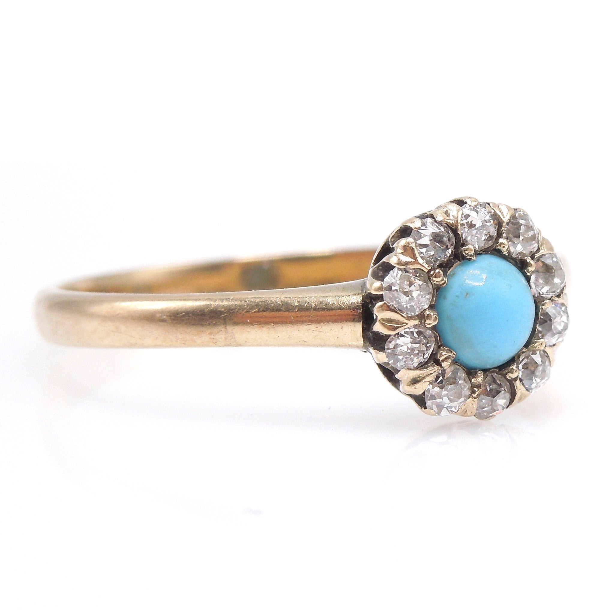 Victorian 10K Yellow Gold Turquoise Colored Stone and Diamond Halo Ring