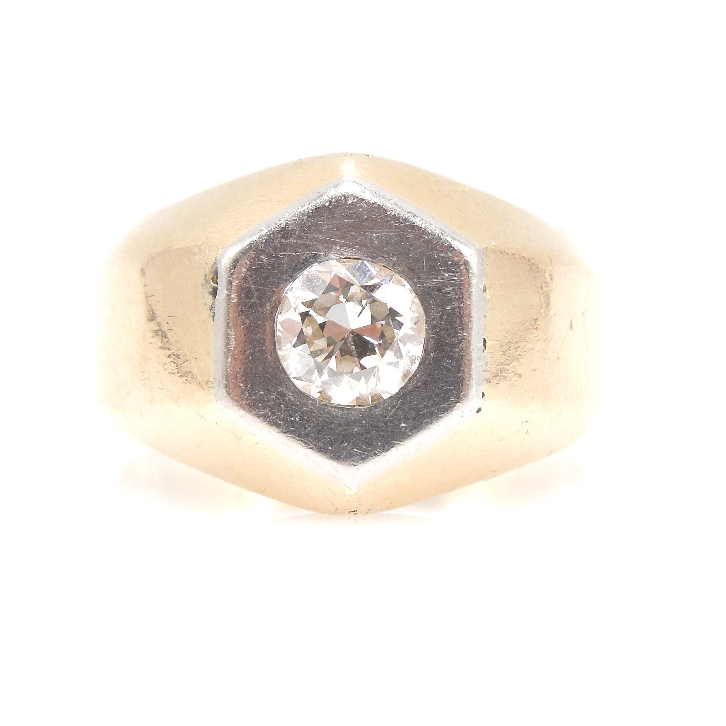 Large Bicolor Hexagonal Gents Ring in Platinum and Yellow Gold with Flush Set Half Carat Diamond