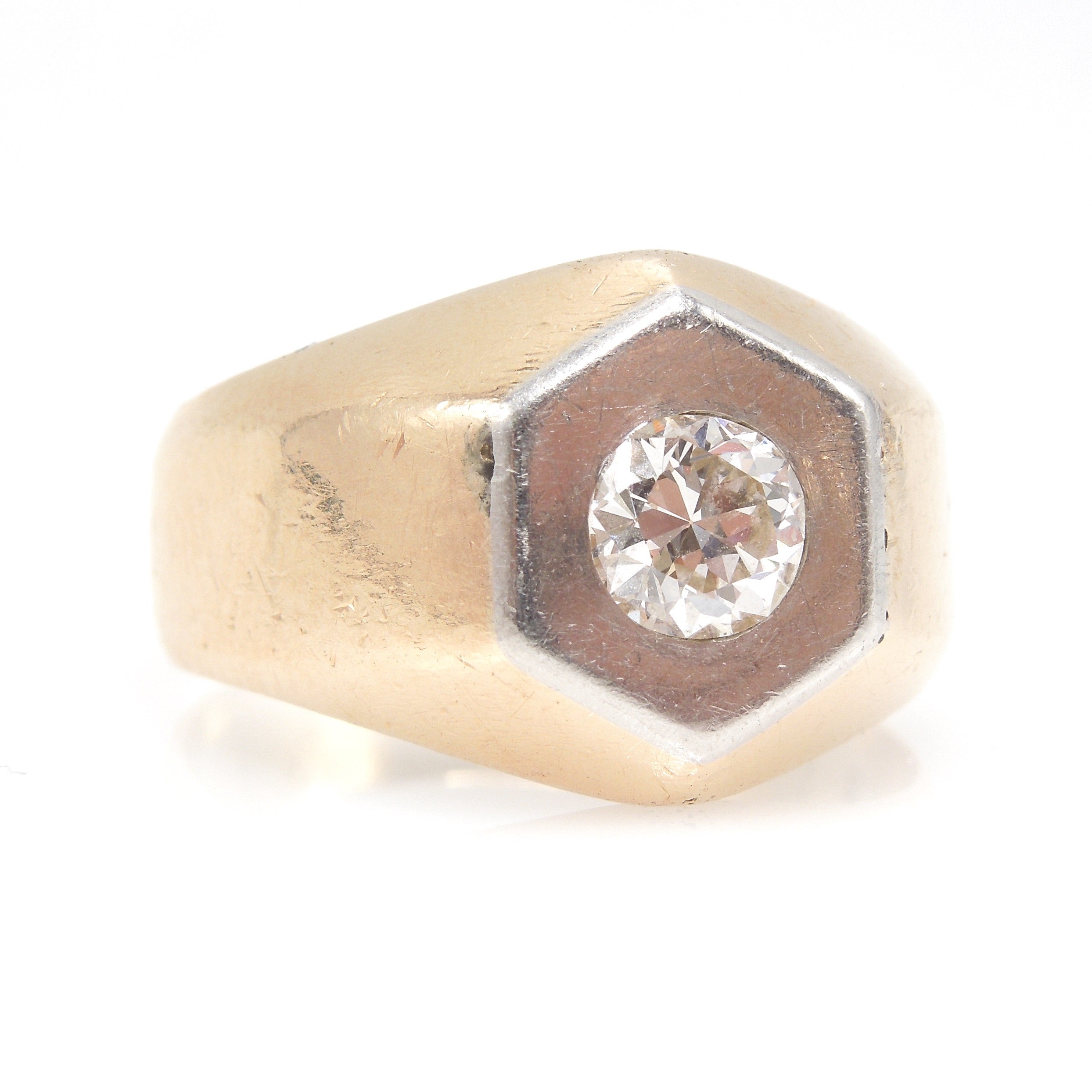 Large Bicolor Hexagonal Gents Ring in Platinum and Yellow Gold with Flush Set Half Carat Diamond