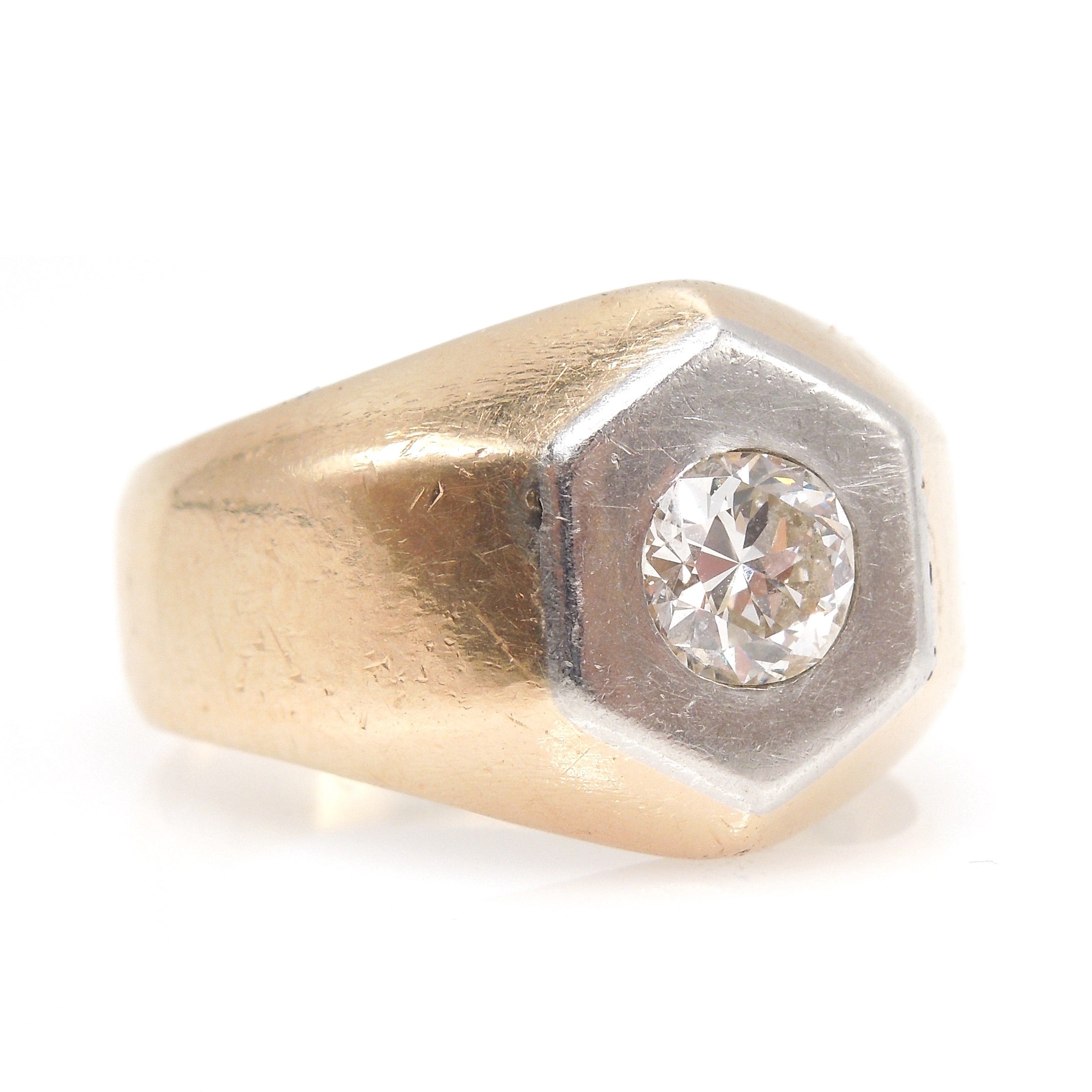 Large Bicolor Hexagonal Gents Ring in Platinum and Yellow Gold with Flush Set Half Carat Diamond