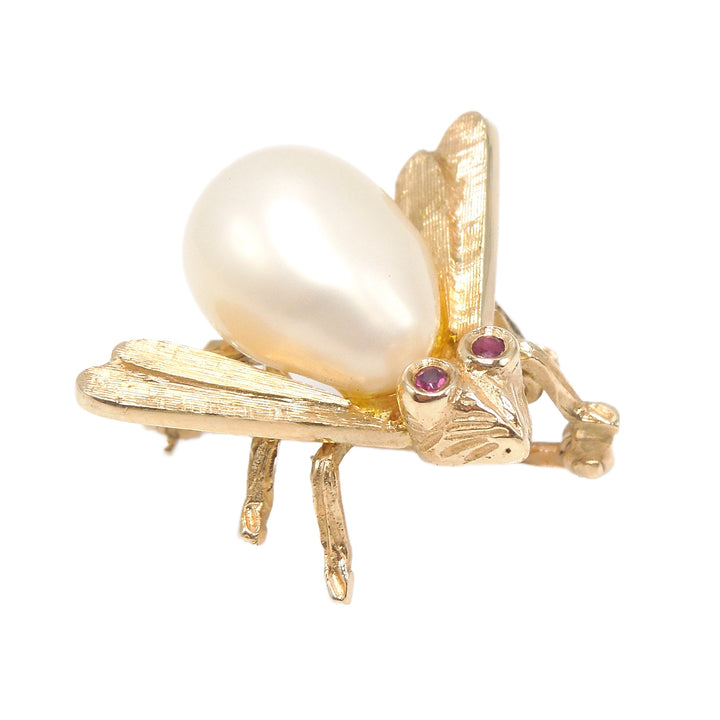 Winged Insect (or Bee) made of 14K Yellow Gold, Ruby, and Baroque Pearl