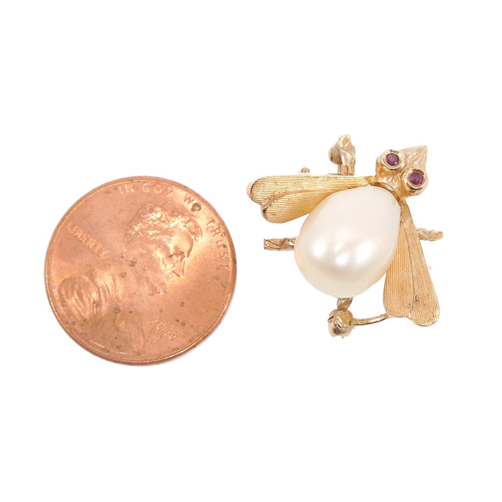 Winged Insect (or Bee) made of 14K Yellow Gold, Ruby, and Baroque Pearl