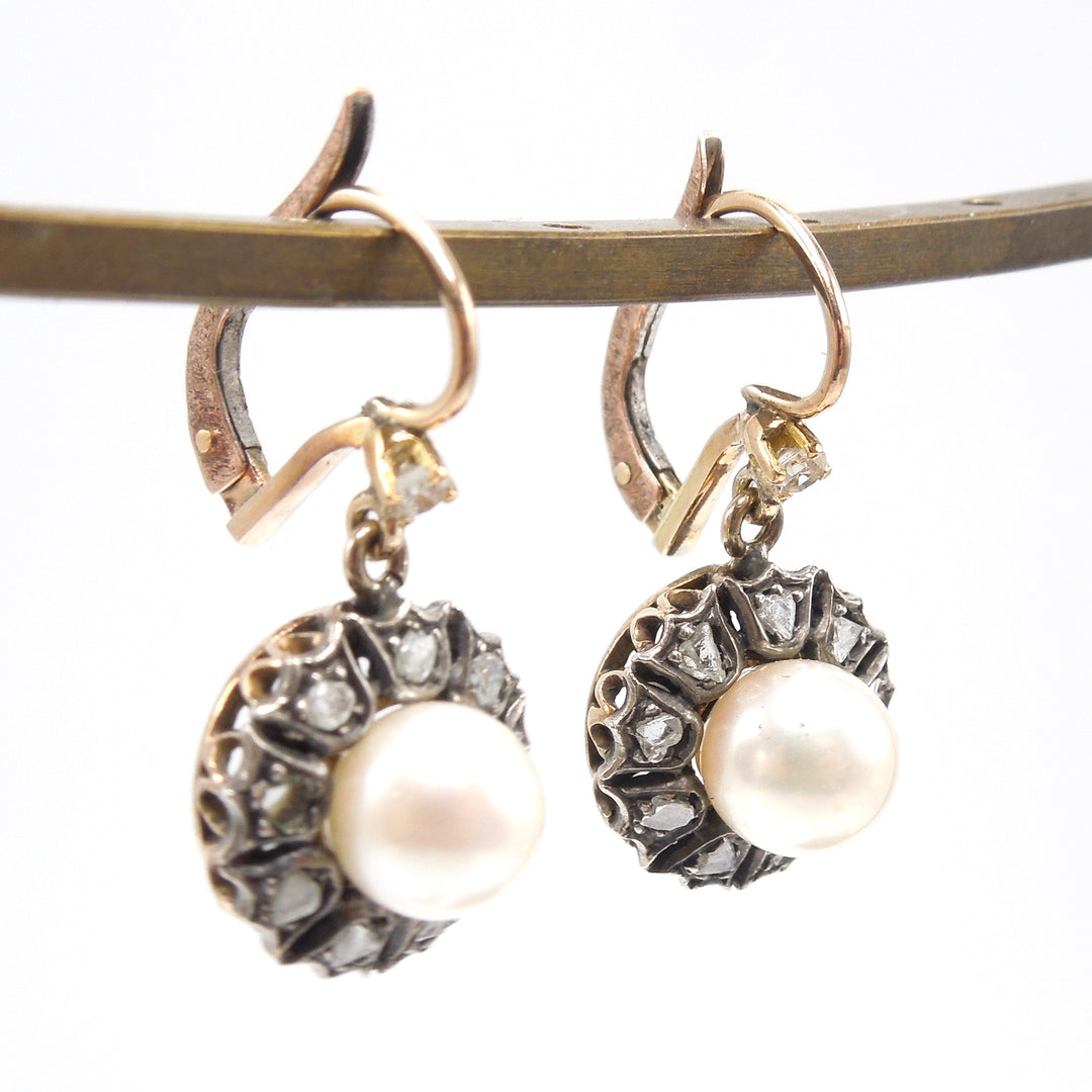 Georgian Style Rose Cut Diamond and Pearl Drop Earrings in 14K Yellow Gold and Sterling Silver