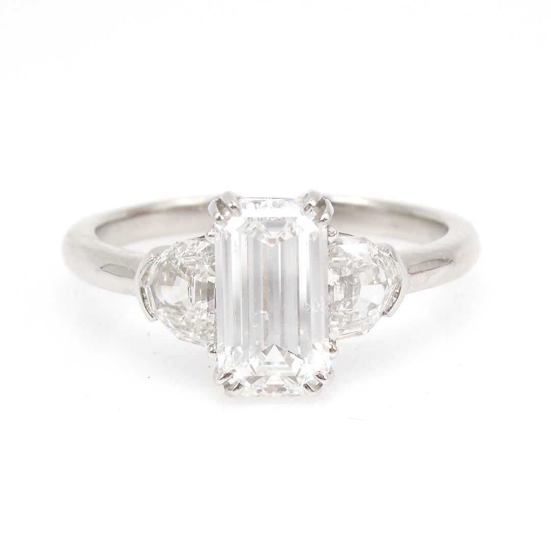 1.45ct Emerald Cut Diamond (D color) in Platinum Art Deco Style Setting with Half Moon Accent Stones