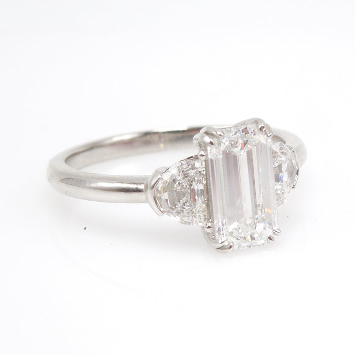 1.45ct Emerald Cut Diamond (D color) in Platinum Art Deco Style Setting with Half Moon Accent Stones