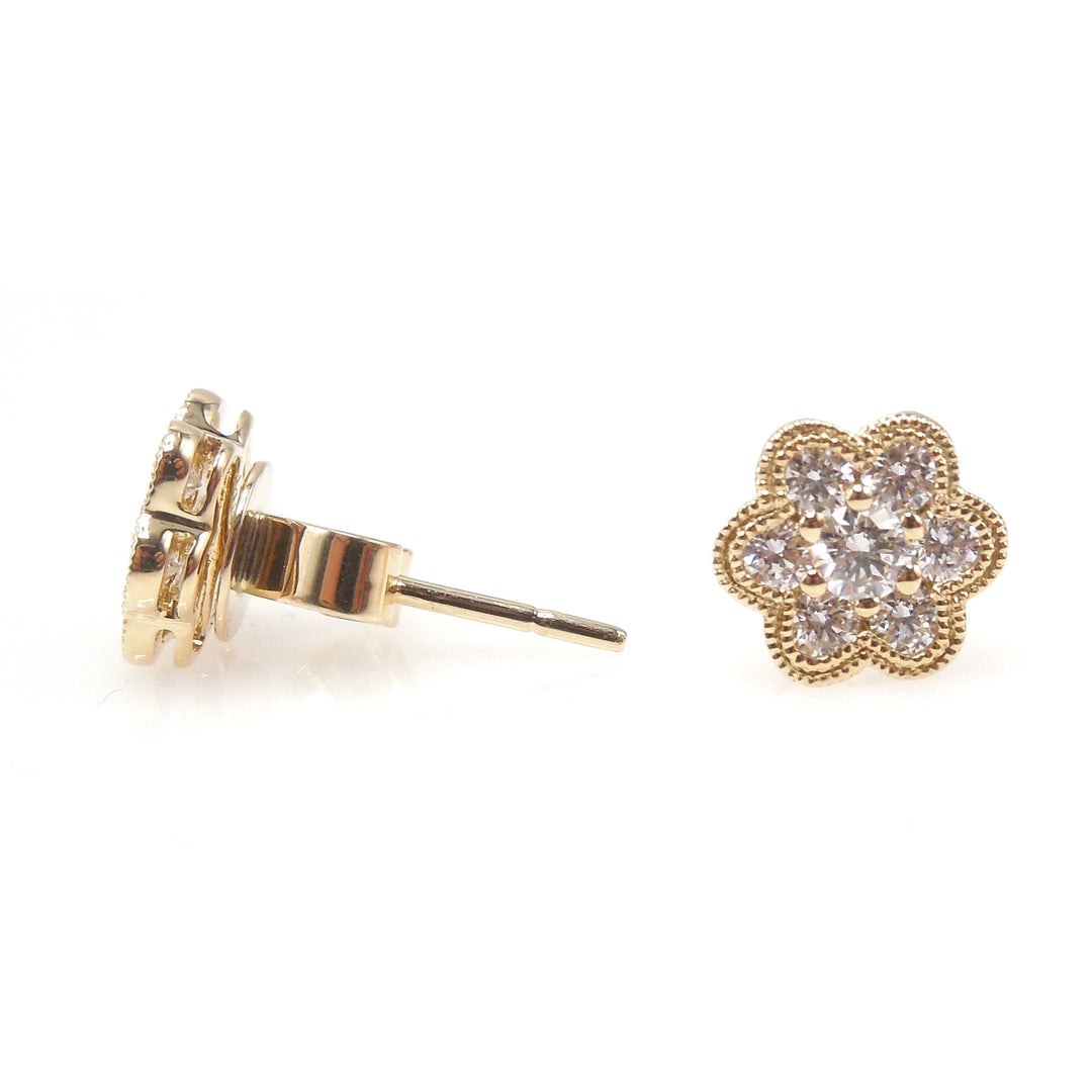 Petite Yellow Gold and Diamond Flower Stud Earrings