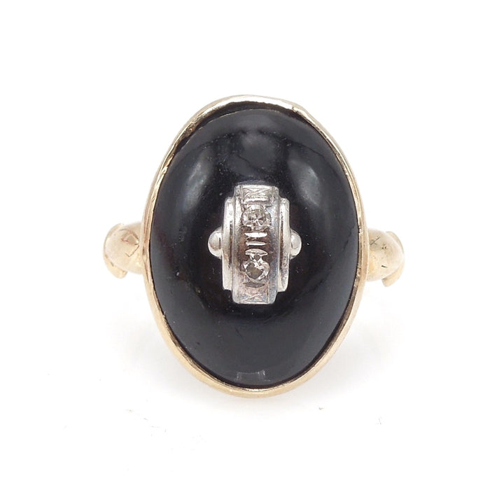 10K Yellow Gold Art Deco 1930s Domed Onyx Ring with Two Diamonds Framed in White Gold