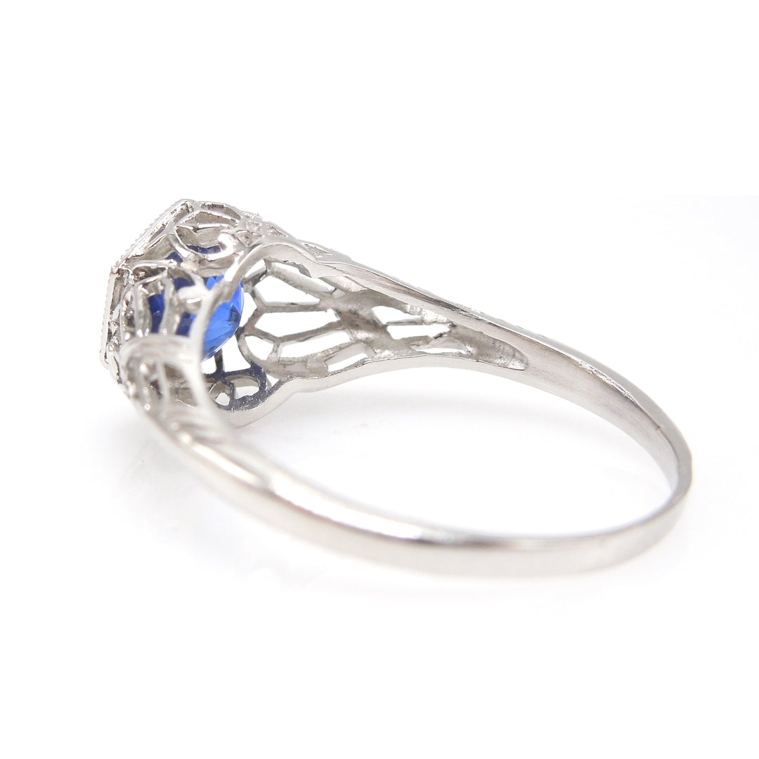 Filigreed Hexagonal Ring in Platinum with 1.08ct Ceylon Blue Sapphire