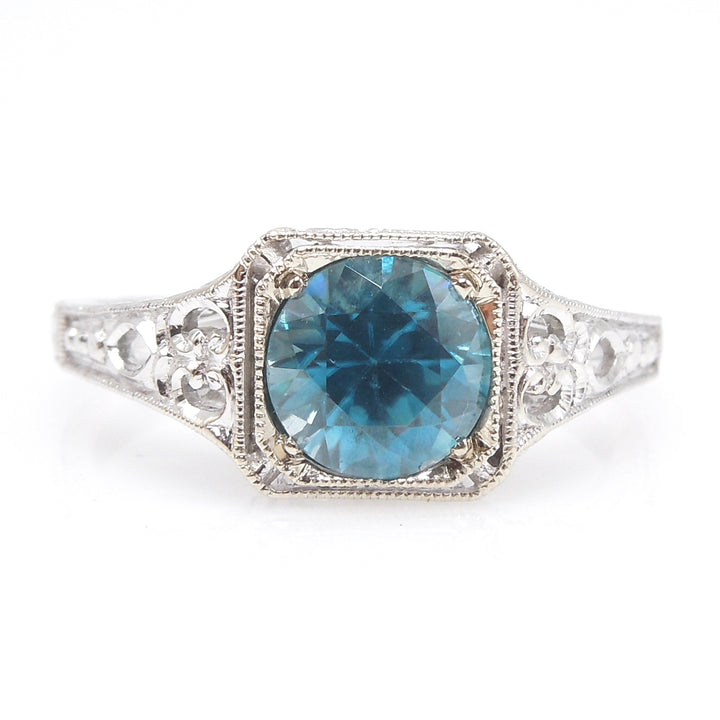 Filigreed Art Deco Style Ring in White Gold with 1.66ct Blue Zircon