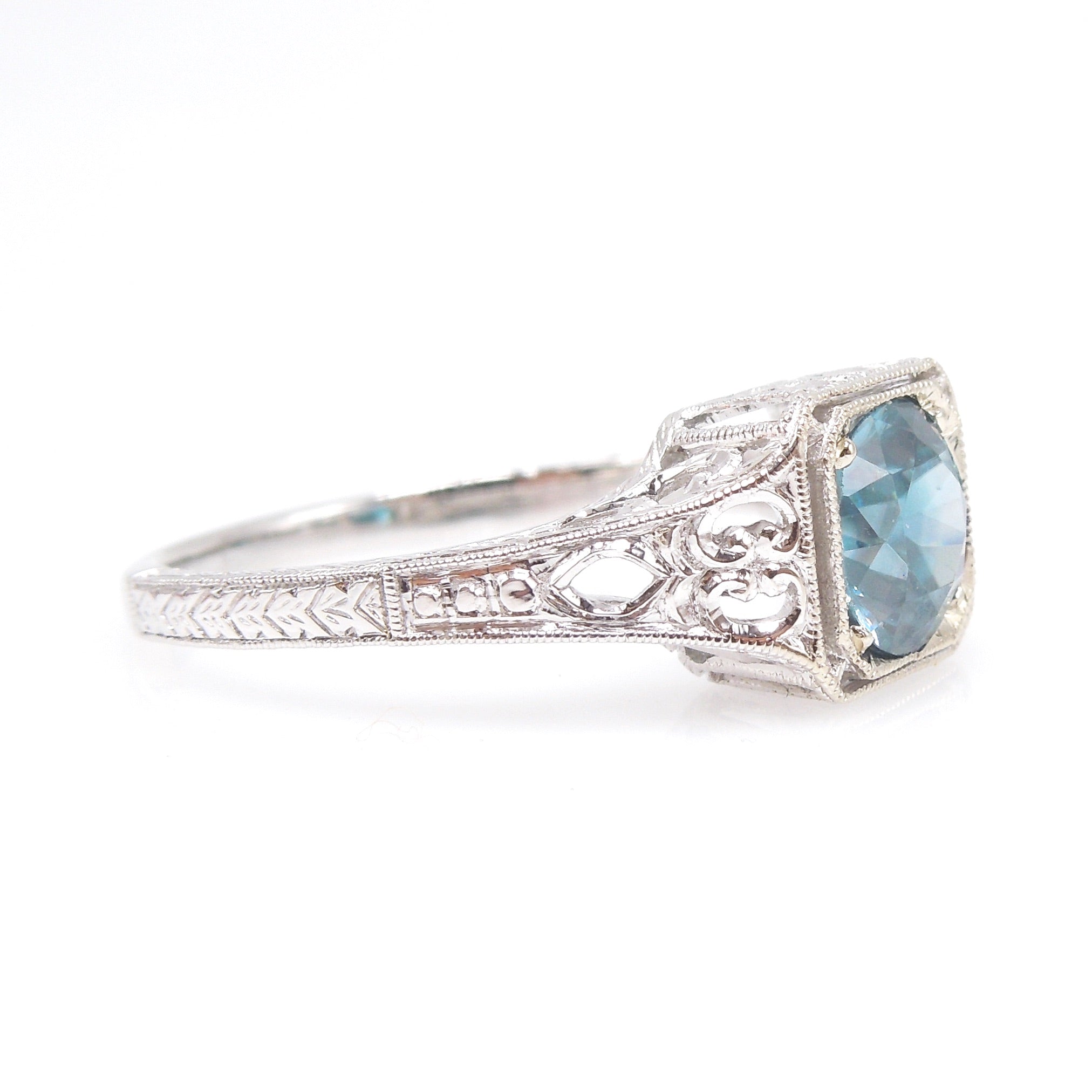 Filigreed Art Deco Style Ring in White Gold with 1.66ct Blue Zircon