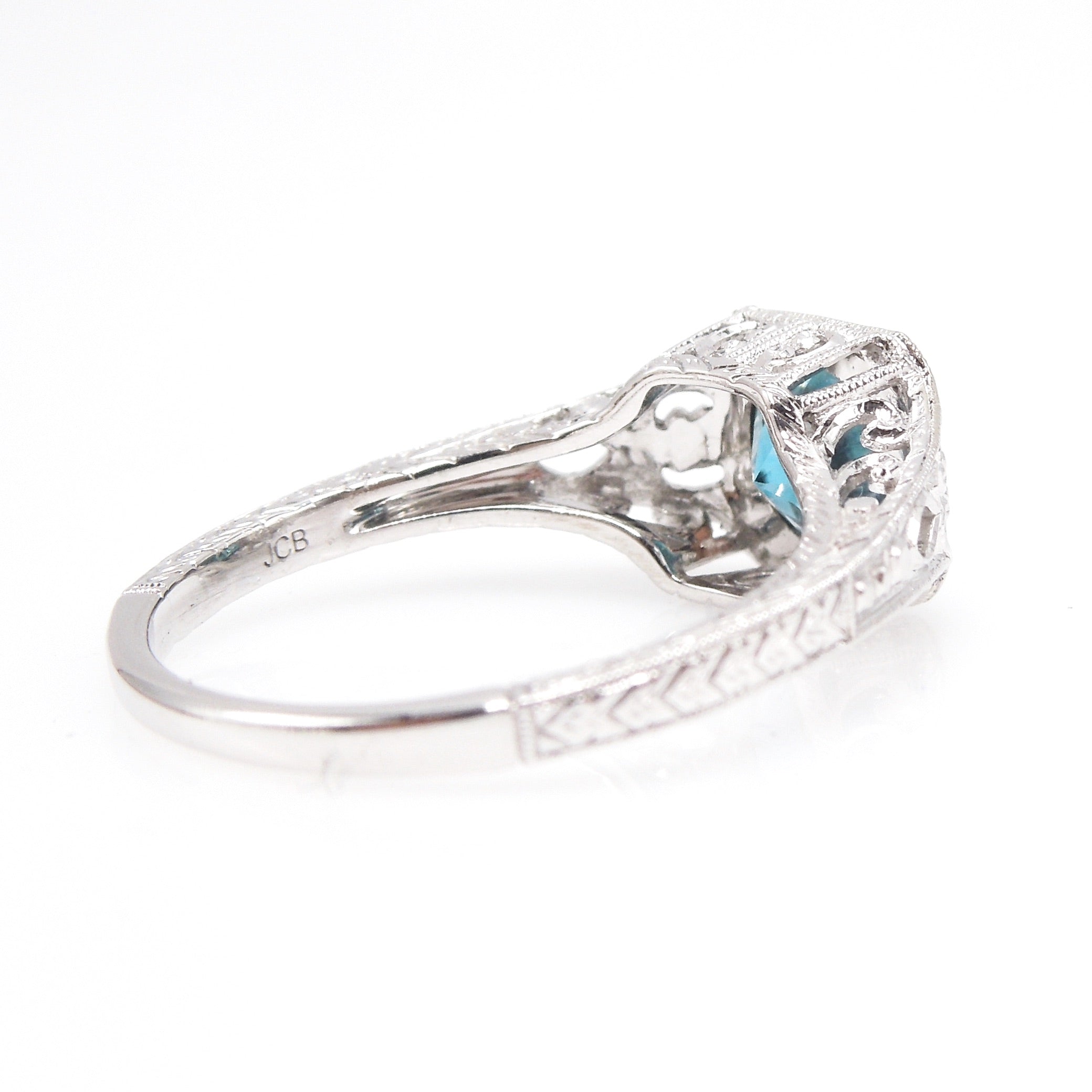 Filigreed Art Deco Style Ring in White Gold with 1.66ct Blue Zircon
