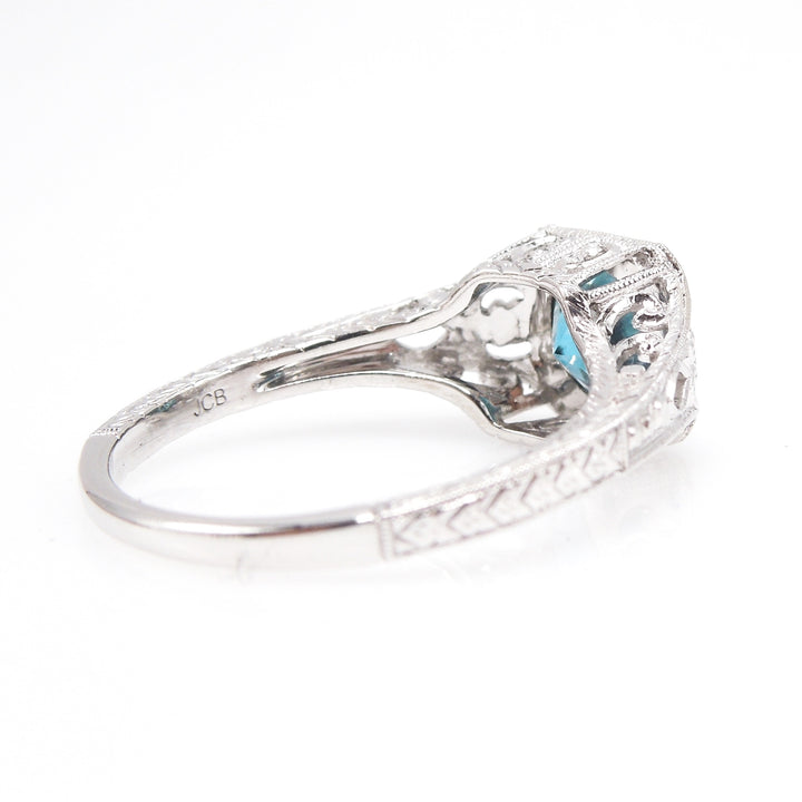 Filigreed Art Deco Style Ring in White Gold with 1.66ct Blue Zircon