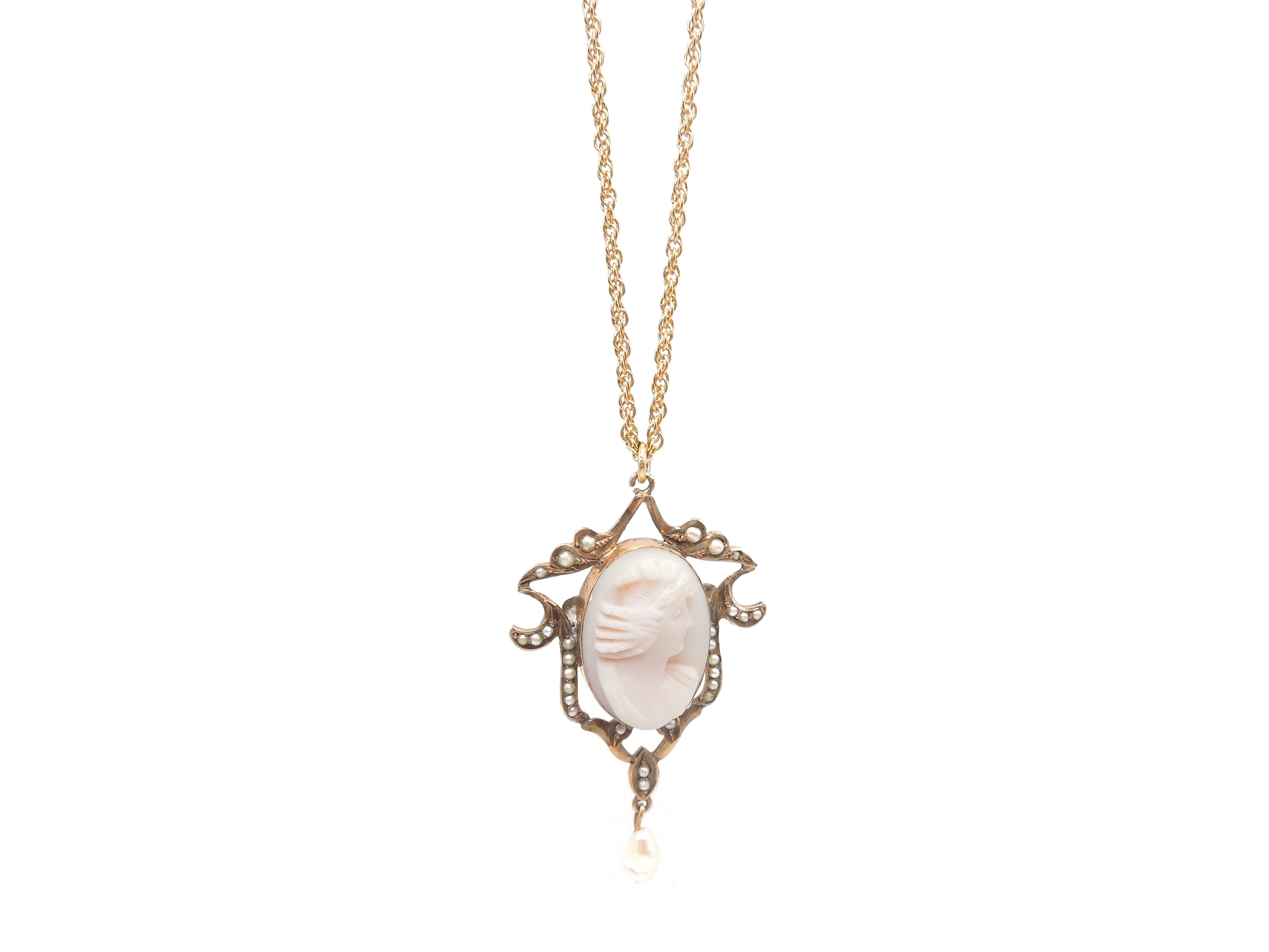Victorian Style Pearl and Cameo Pin/Pendant in 10K Yellow Gold