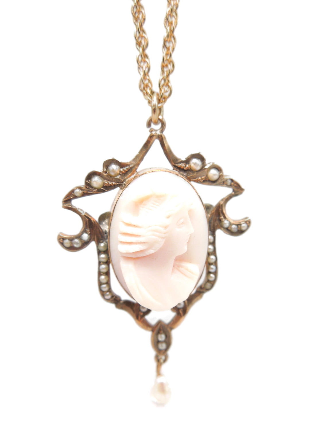 Victorian Style Pearl and Cameo Pin/Pendant in 10K Yellow Gold