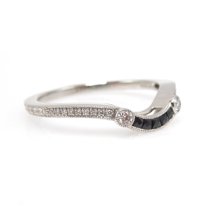 Art Deco Style Black Onyx and Diamond Contoured Curved Band in Platinum