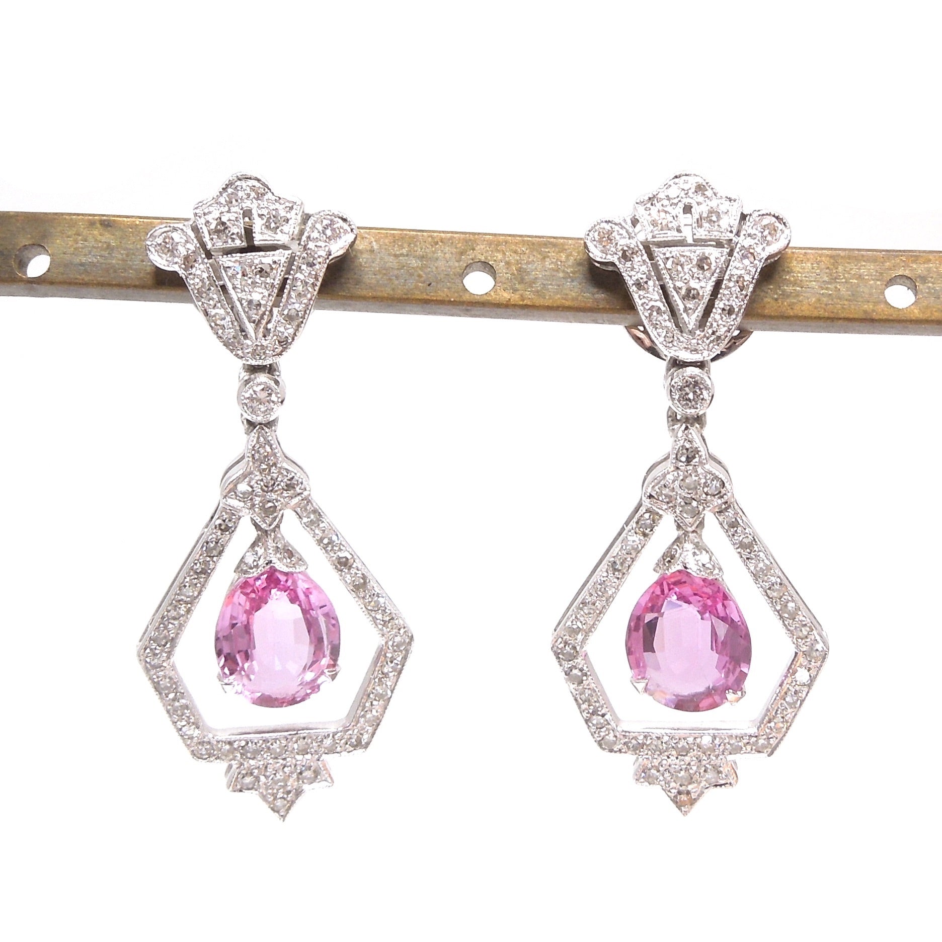 Art Deco Style Diamond and Pink Sapphire Drop Earrings in 18K White Gold