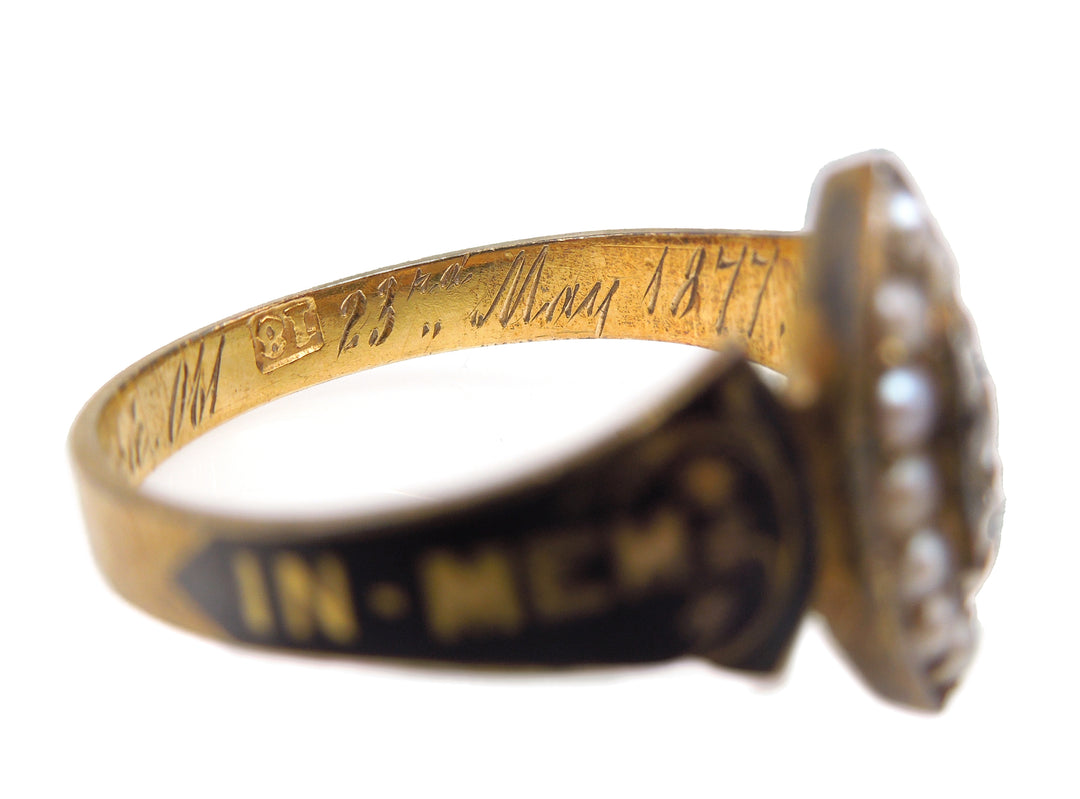 Victorian Mourning Ring (in Memory of) with Rose Cut Diamonds and Seed Pearls circa 1877