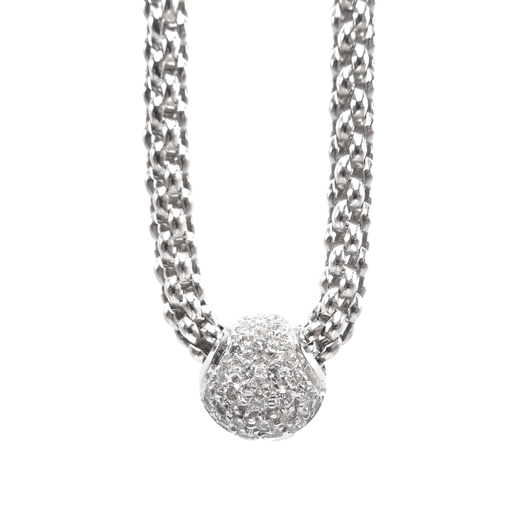 Vintage 18K White Gold FOPE Mesh Necklace with Pave Diamond Bead