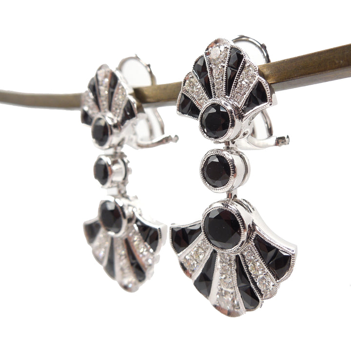 Art Deco Style Belle Epoch Onyx and Diamond Fan Drop Earrings in 18K White Gold