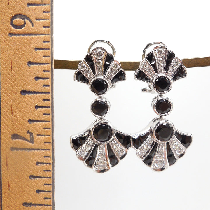 Art Deco Style Belle Epoch Onyx and Diamond Fan Drop Earrings in 18K White Gold