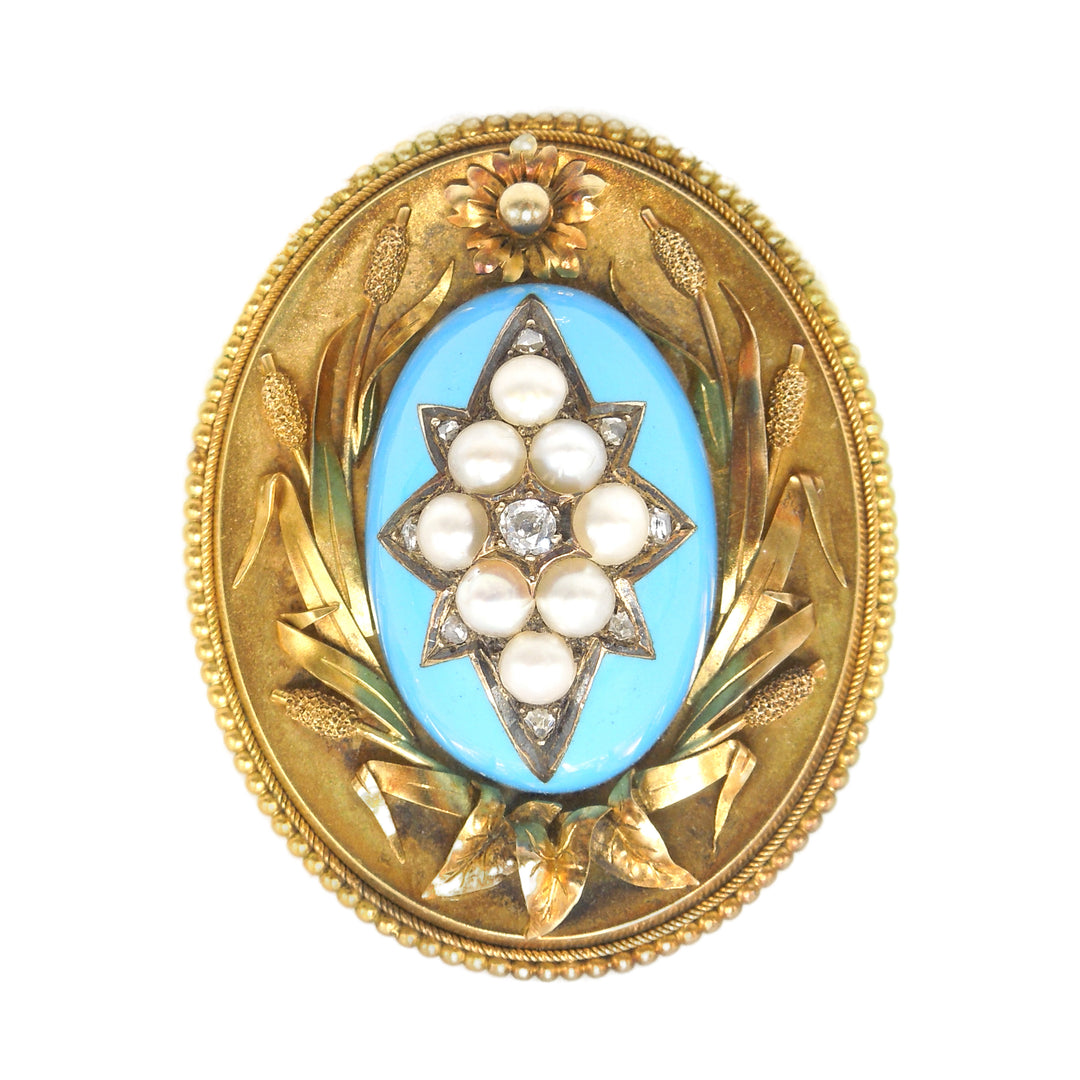 18K Yellow Gold Victorian Locket with Starburst of Pearls and Rose Cut Diamonds Inlaid in Turquoise Glass