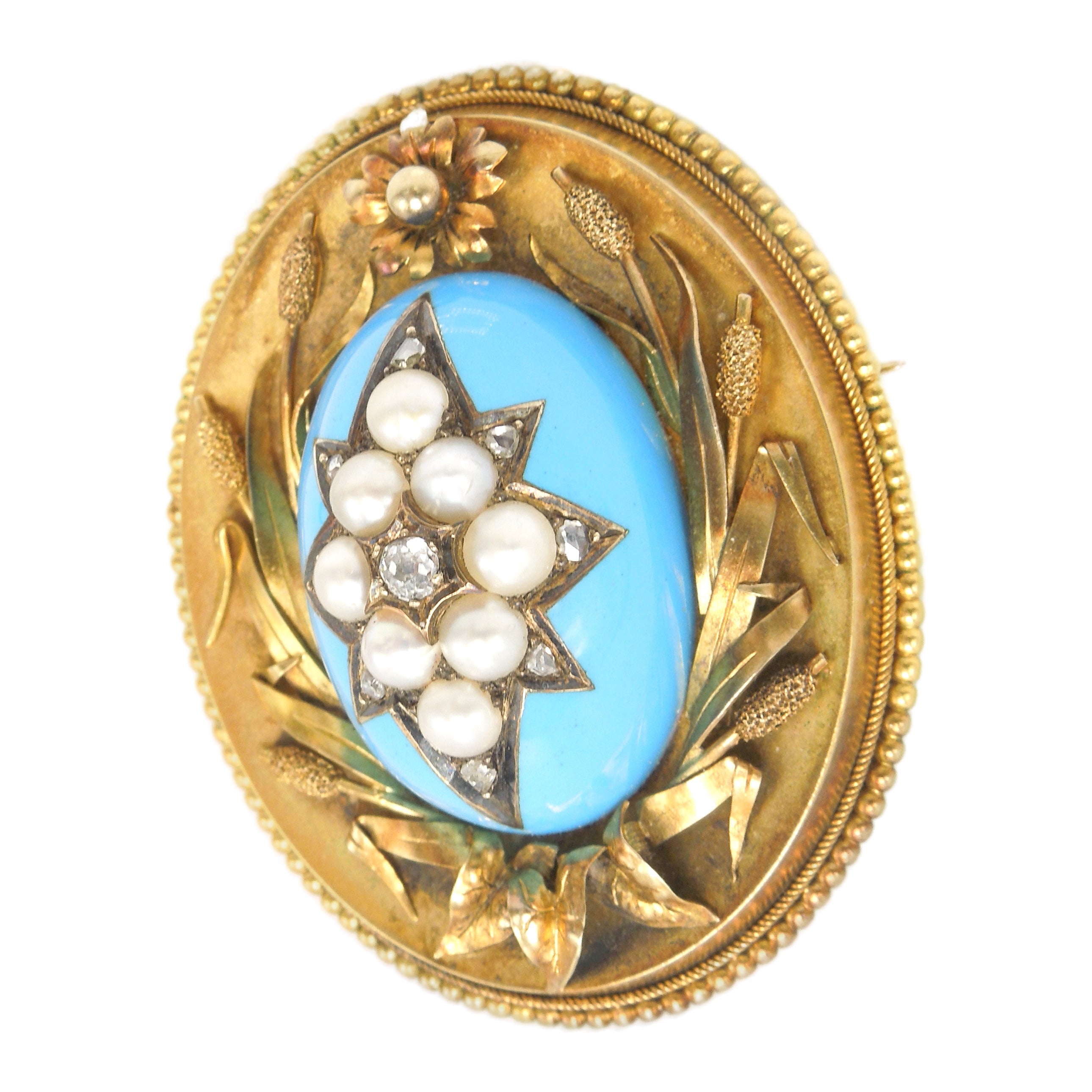 18K Yellow Gold Victorian Locket with Starburst of Pearls and Rose Cut Diamonds Inlaid in Turquoise Glass