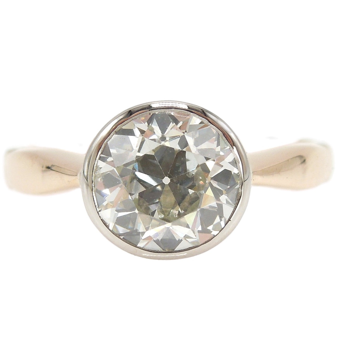 1.75ct Old European Cut Bezel Set Diamond Solitaire Engagement Ring in Platinum & 14K Yellow Gold