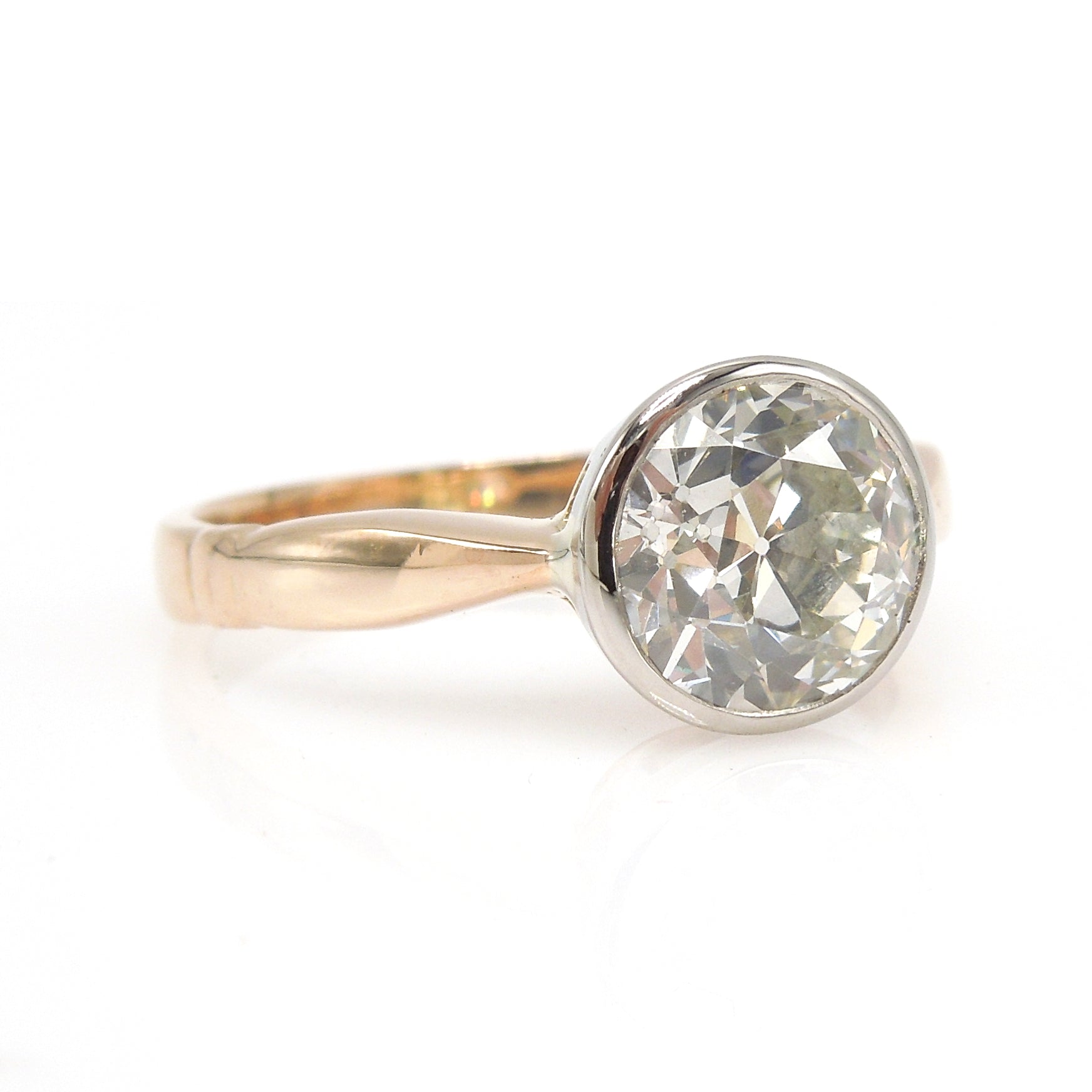1.75ct Old European Cut Bezel Set Diamond Solitaire Engagement Ring in Platinum & 14K Yellow Gold