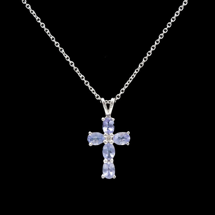 Small Oval Amethyst Cross Necklace in White Gold