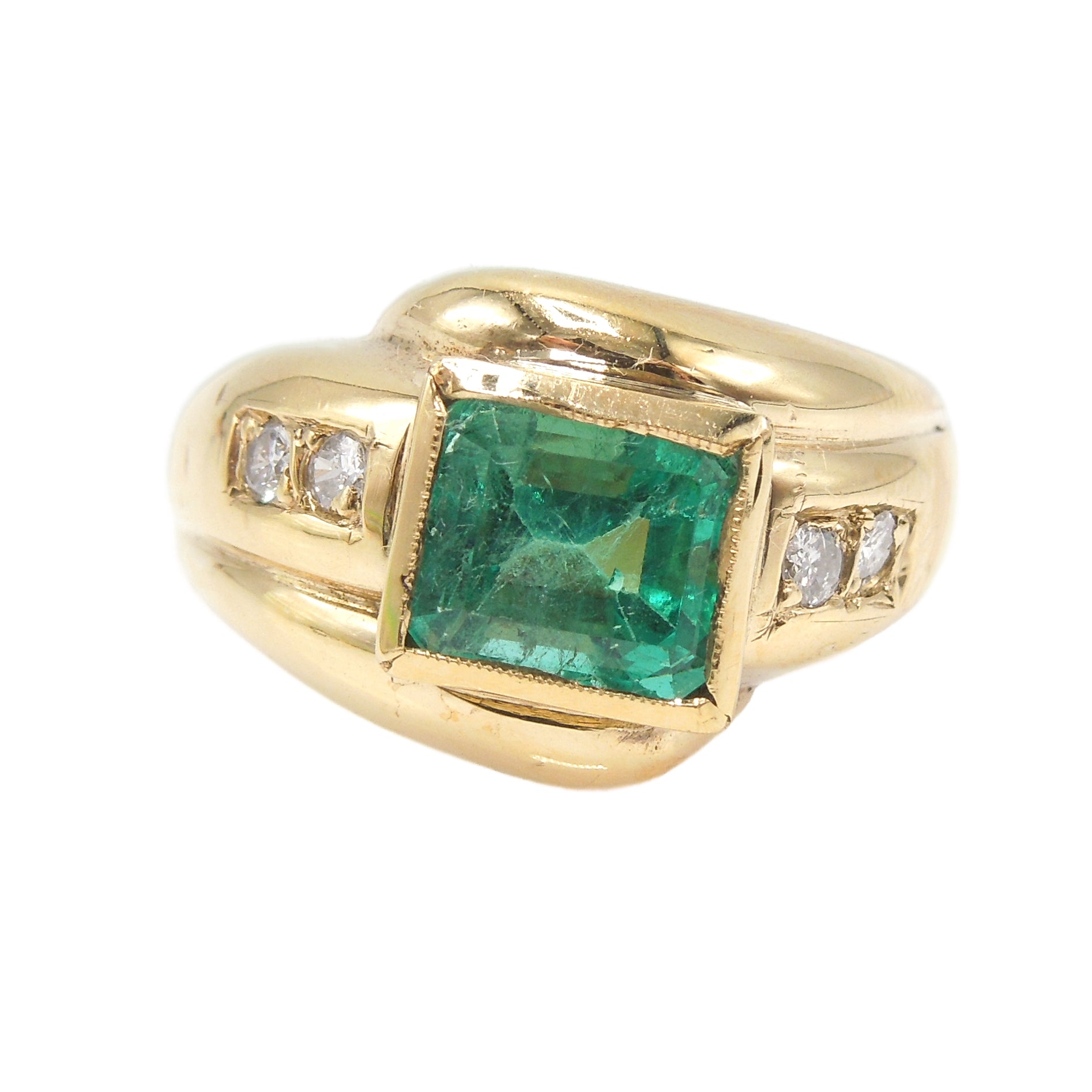18K Yellow Gold 1.67ct Emerald Cut Emerald & Diamond Ring