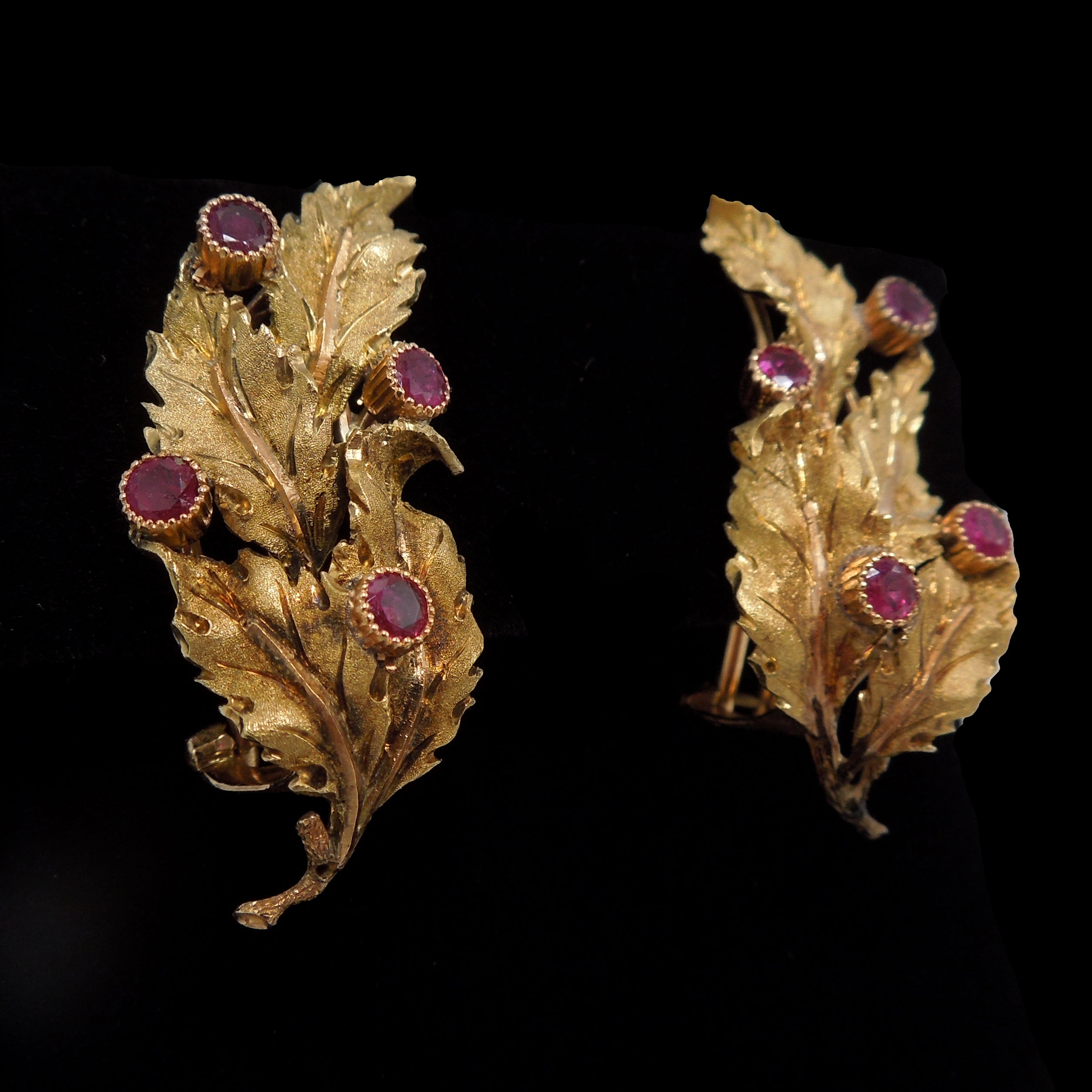 Buccellati 18K Yellow Gold and Ruby Leaf/Feather Earrings