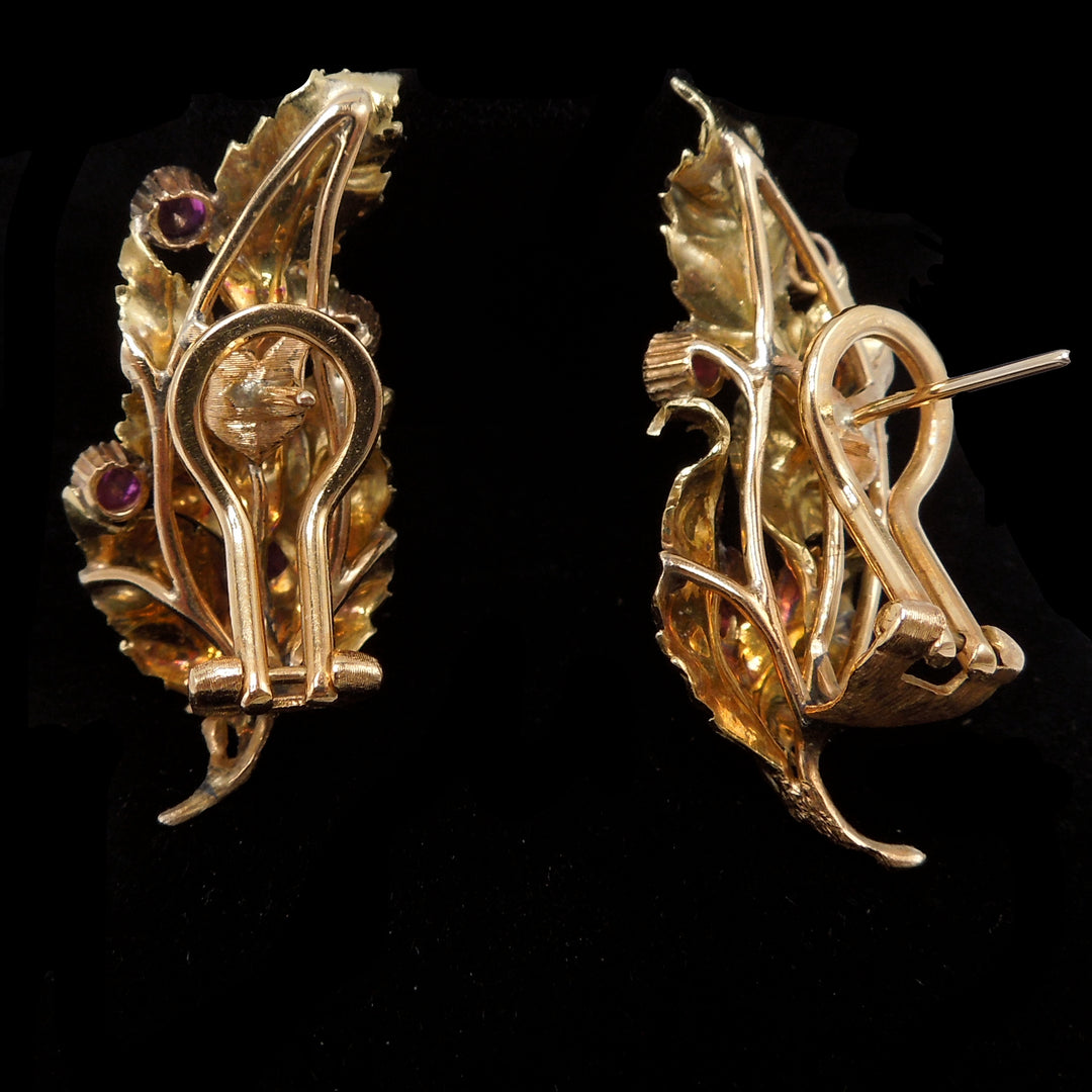 Buccellati 18K Yellow Gold and Ruby Leaf/Feather Earrings