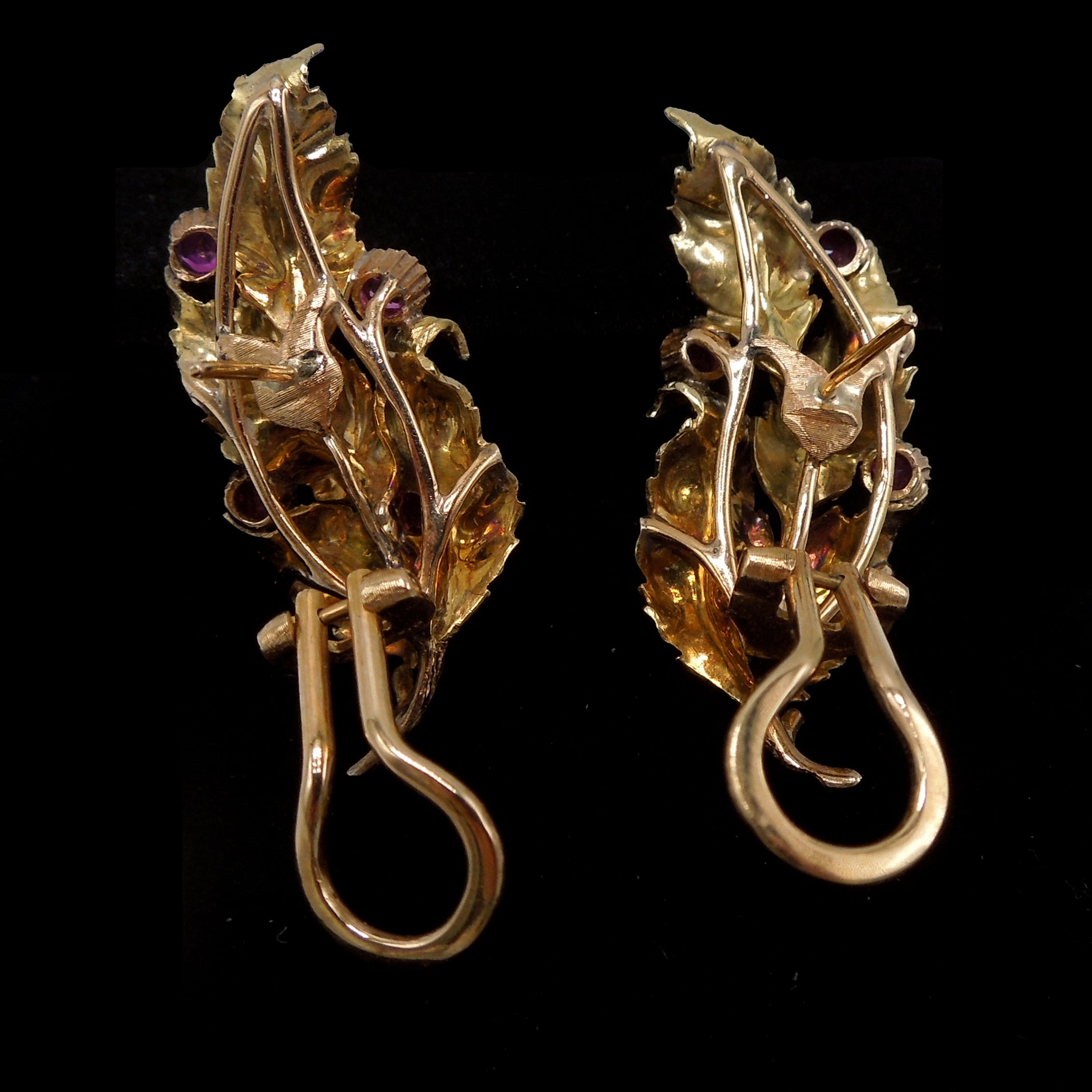 Buccellati 18K Yellow Gold and Ruby Leaf/Feather Earrings