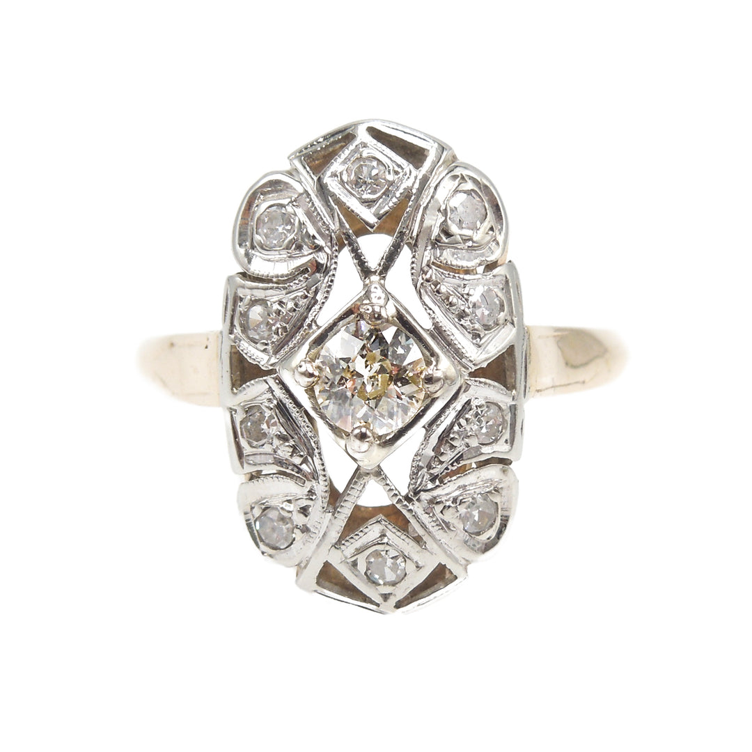 Yellow and White Gold Filigree Navette Diamond Engagement Ring