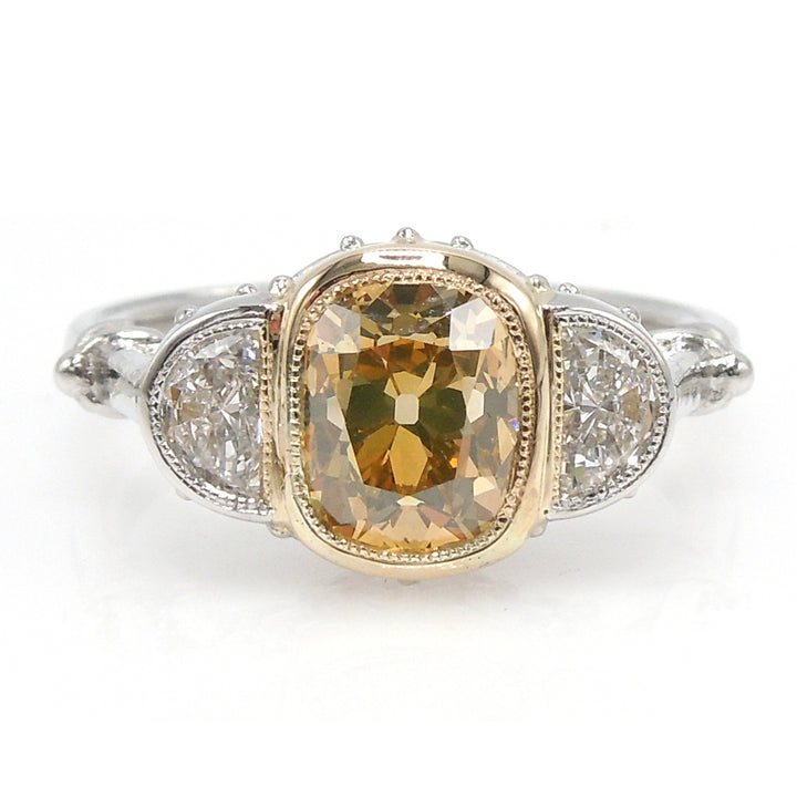 GIA 2.14ct Fancy Yellow Old Mine Cut Diamond in Art Deco Style Mounting with Half Moons