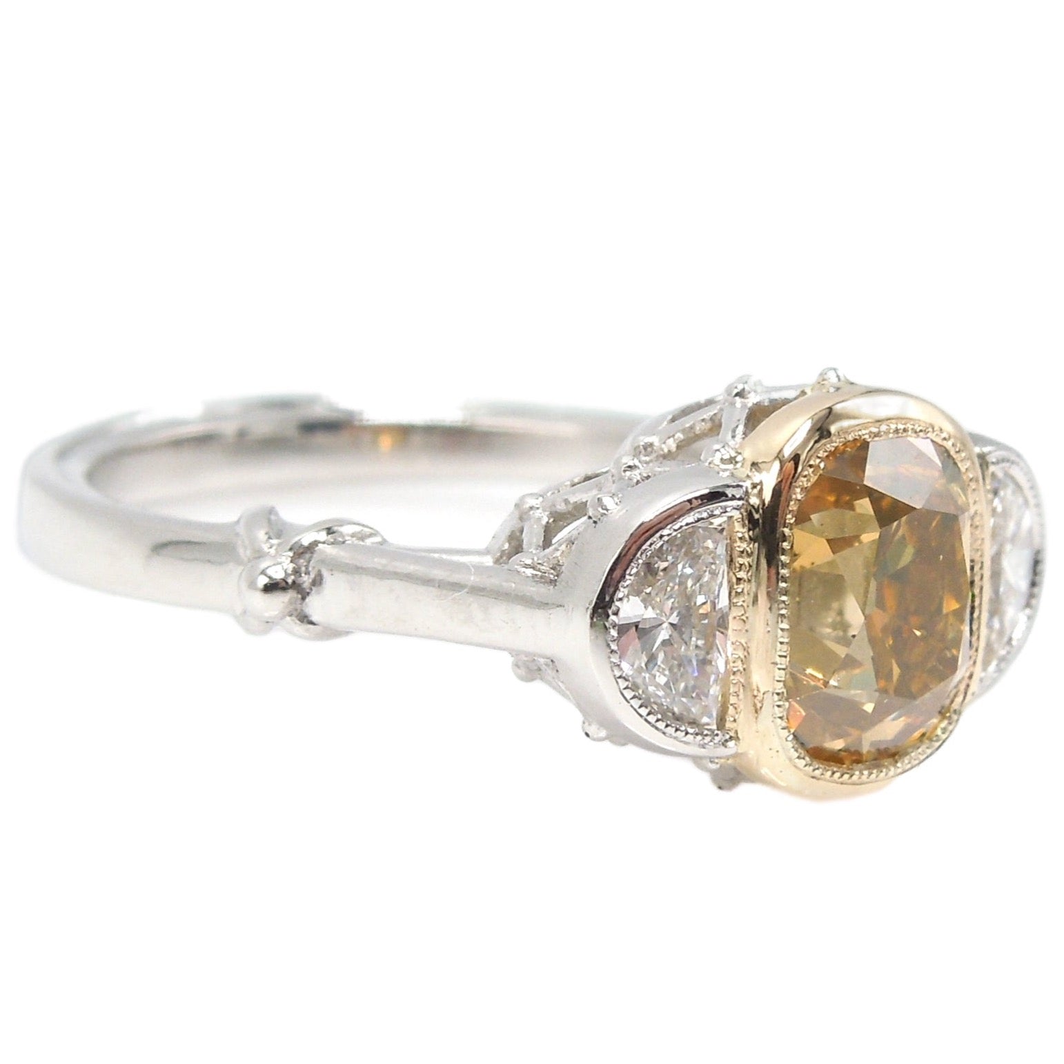 GIA 2.14ct Fancy Yellow Old Mine Cut Diamond in Art Deco Style Mounting with Half Moons