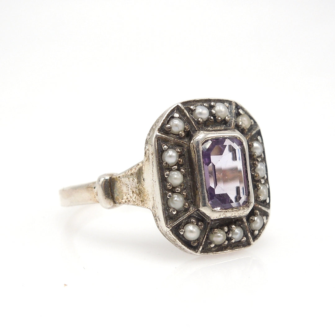 Natural 2 carat Amethyst with Pearl Halo Set in Edwardian Style Filigree Mounting