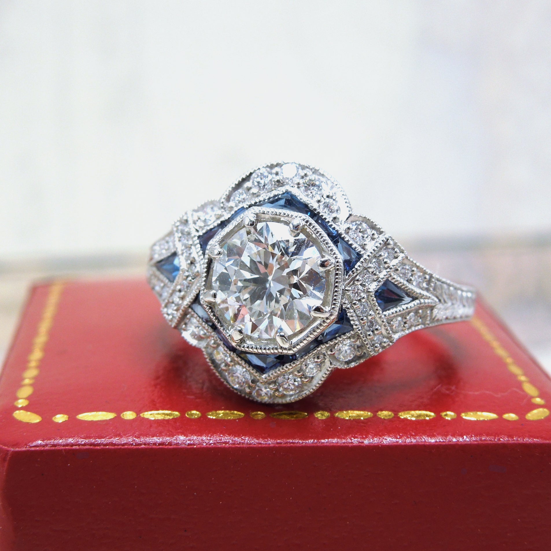 Art Deco Style Platinum, Diamond and French Cut Sapphire Engagement Ring with 1.00 Carat Center Diamond