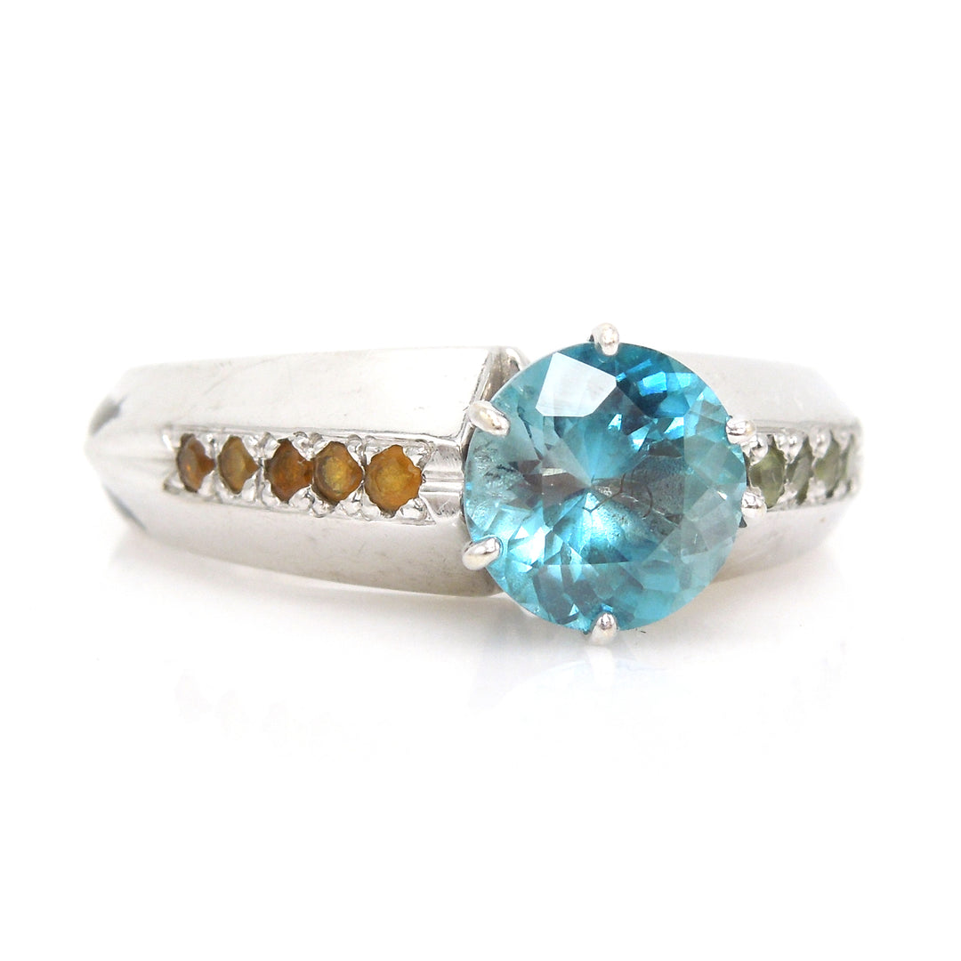 1.83 carat Blue Zircon with Tsavorite & Spessartine Garnet Ring in White Gold