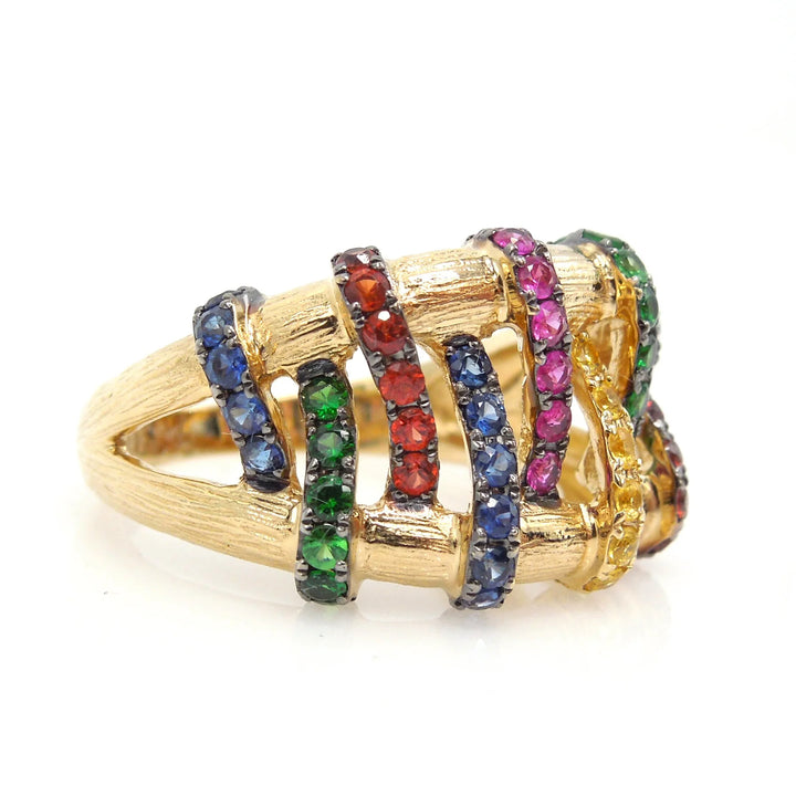 Multicolored Sapphire, Ruby, and Chrome Diopside Wide Ring
